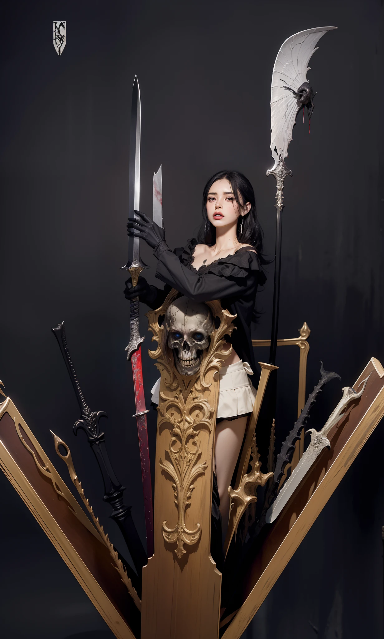 Fine matte paint,Skeleton Dark Angel,Haunted castle with large wings, Fill the drawing table with a knife,terroral,uncanny,horrid,secret terror,tentaculata,grape trees,The eye,uncanny valley effect teeth,all fours,Critters,Blood Moon,Woman's carcass,body art,Sexy beauty,8K,Blu-ray quality,Stunning graphics,hight contrast,Bright colors,Sword