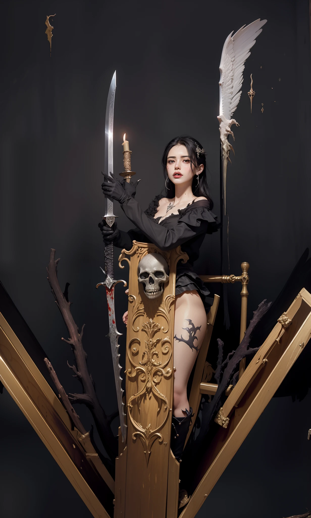 Fine matte paint,Skeleton Dark Angel,Haunted castle with large wings, Fill the drawing table with a knife,terroral,uncanny,horrid,secret terror,tentaculata,grape trees,The eye,uncanny valley effect teeth,all fours,Critters,Blood Moon,Woman's carcass,body art,Sexy beauty,8K,Blu-ray quality,Stunning graphics,hight contrast,Bright colors,Sword