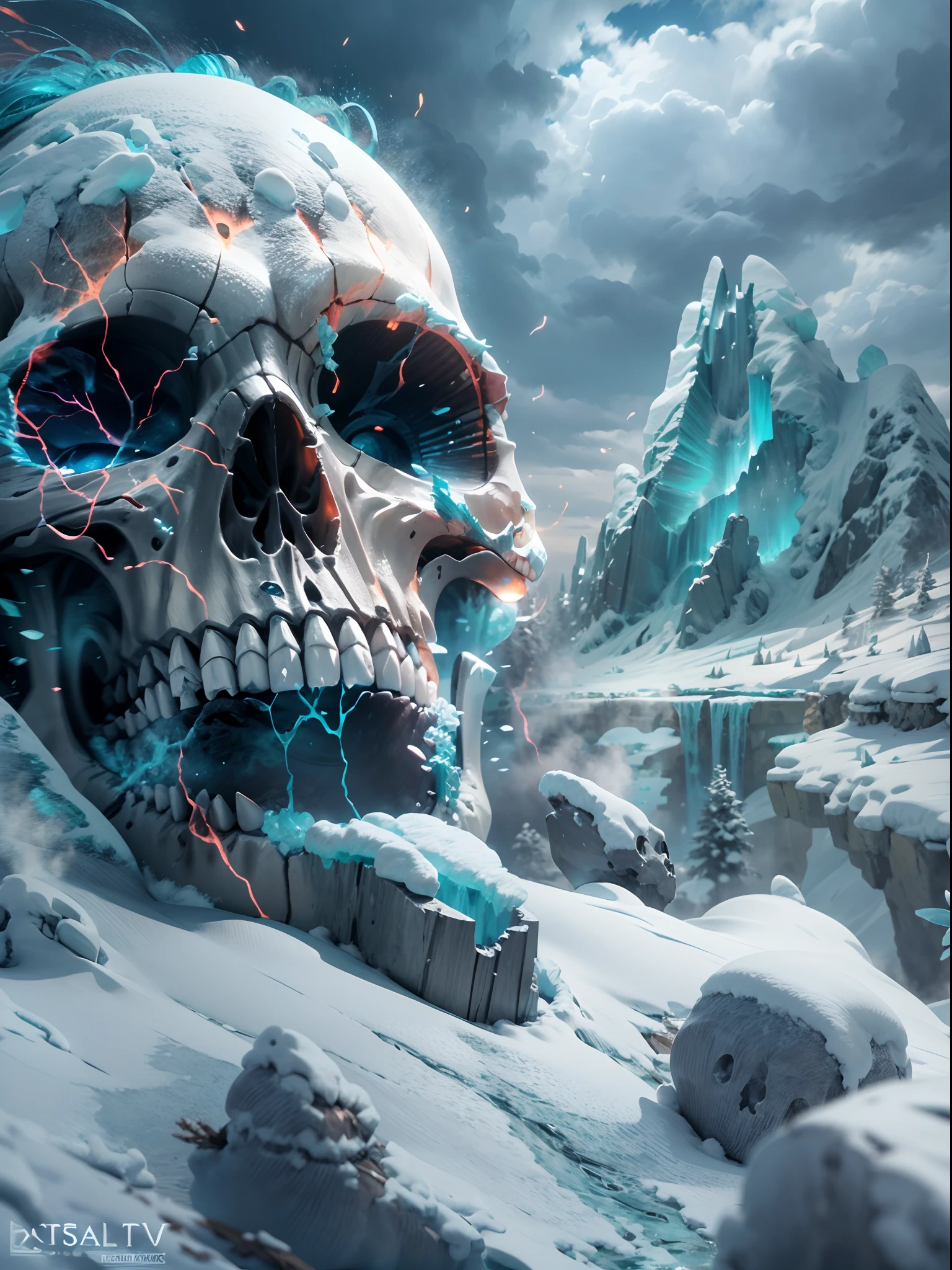 (best quality,4k,8k,highres,masterpiece:1.2), ultra-detailed,(realistic,photorealistic,photo-realistic:1.37), digital art, icy skull, open mouth, a snow ice mountain on the head of the skull as ahat, (snowy spike mountain on the head of the skull), super cool, digital medium, detailed cracks on the skull, frosty texture, hauntingly beautiful, surreal atmosphere, vibrant colors, dynamic lighting, sharp focus