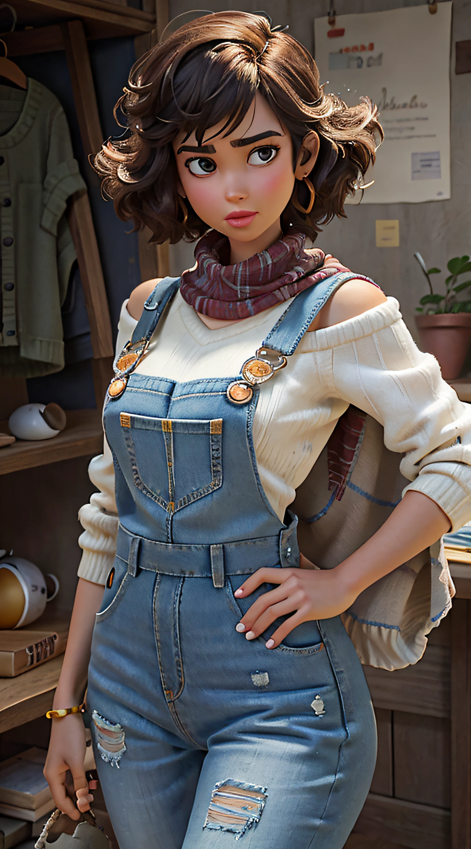 Mulher bonita cabelo curto corpo definido seios grandes, superhero character, protetor da natureza, (Estilo Pixar), corpo inteiro, Alto contraste, ultra-detalhado, wears faded denim overalls, cozy knit sweater, patchwork scarf Coloring wrapped around neck. On the feet, botas de trabalho resistentes, In the hands, Luvas, (personagem 3D pixar), Colouring, fotografia