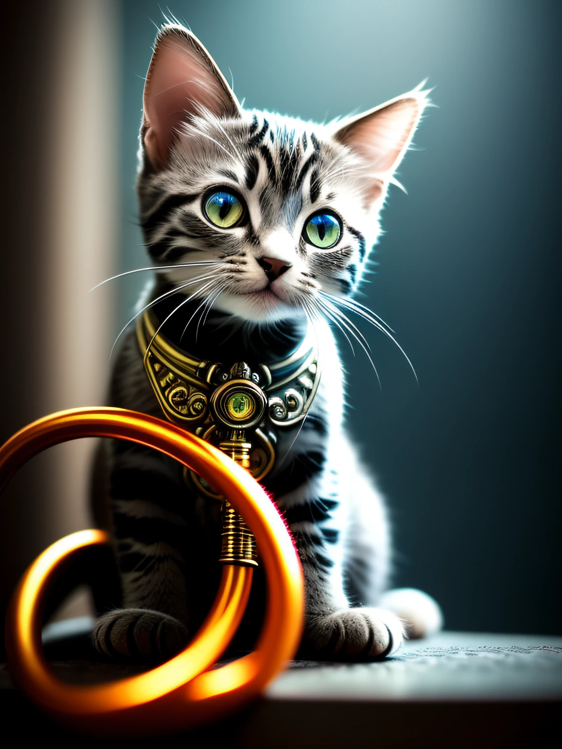 a cute multicolor kitten made out of metal, (cyborg:1.1), ([tail | detailed wire]:1.3), (intricate details), hdr, (intricate details, hyperdetailed:1.2), cinematic shot, vignette, centered