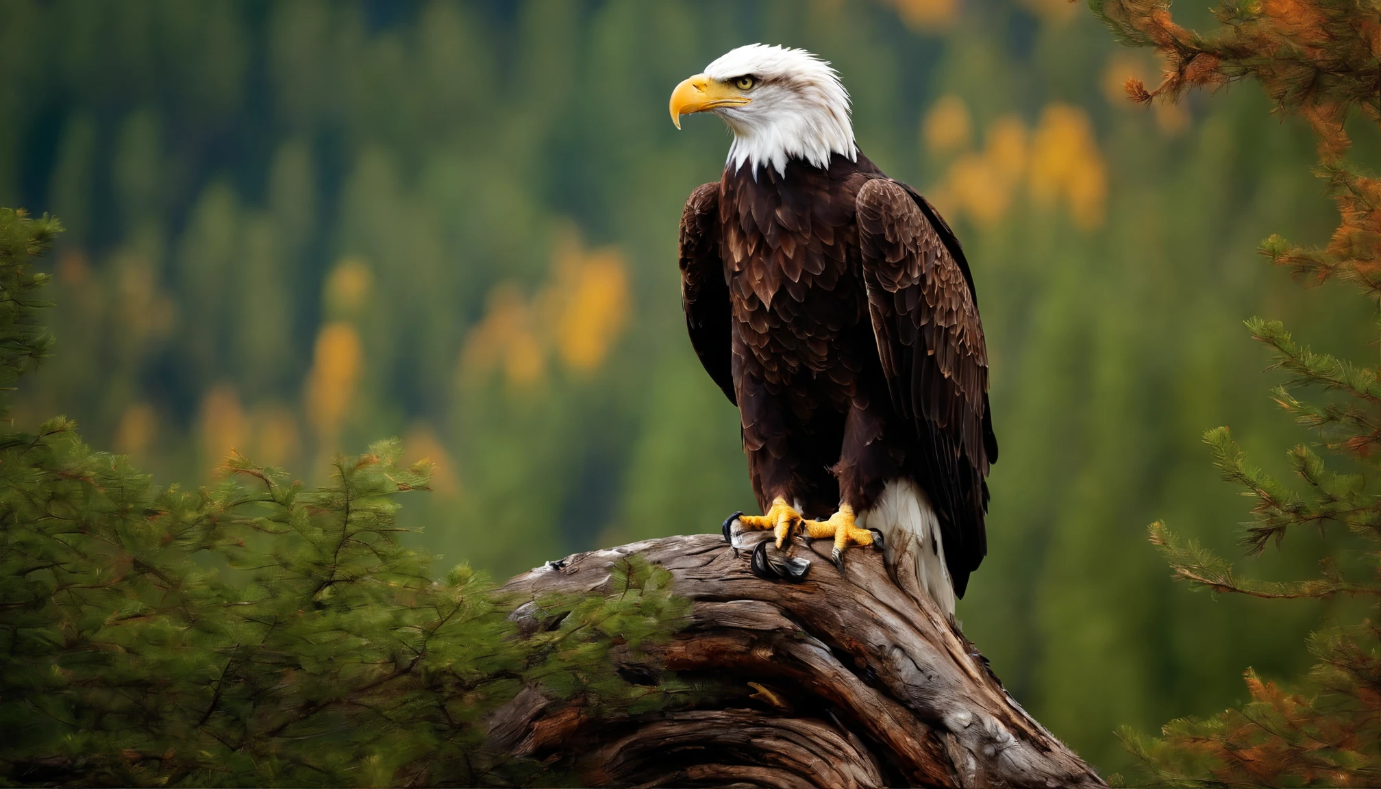 a beautiful bald eagle, meticulously detailed, perched atop a tree