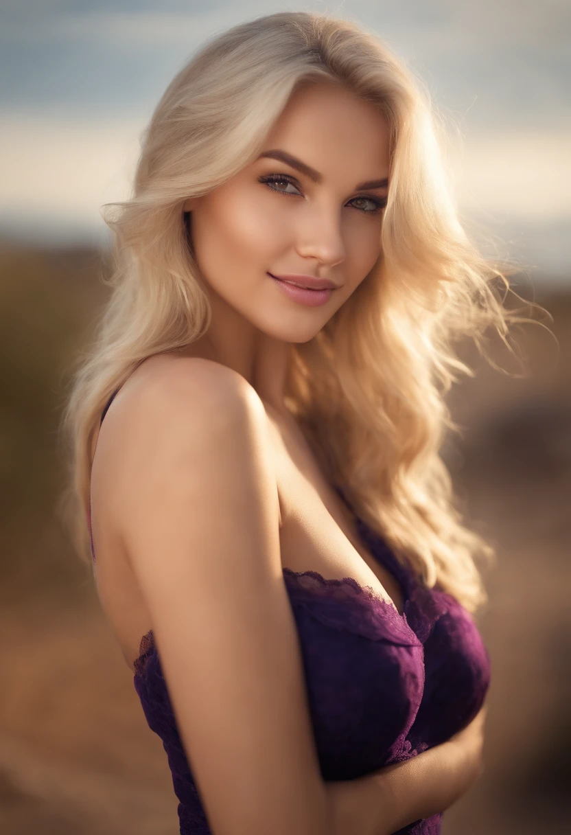 professional, (4k photo:1.1) by (Jeremy Lipking:0.3), (Dittmann Anna:0.3), (Arian Mark:0.3), (Sharp focus:1.3), high detail, beautiful detailed face, hazel eyes, long blonde hair, (attractive young woman:1.3), (seductive:1.1), (blushing:1.1), hourglass body shape, large round big breasts, wide thicc hips, blonde goddess, smiling seductively, pretty face, perfect white haired girl, satisfied pose, cute seductive smile, beautiful blonde girl, good young girl, beautiful angle, attractive pose, cute girl, sexy pose, a gorgeous blonde, full body picture, full body, full body shoot, naked, purple lingerie, black stockings