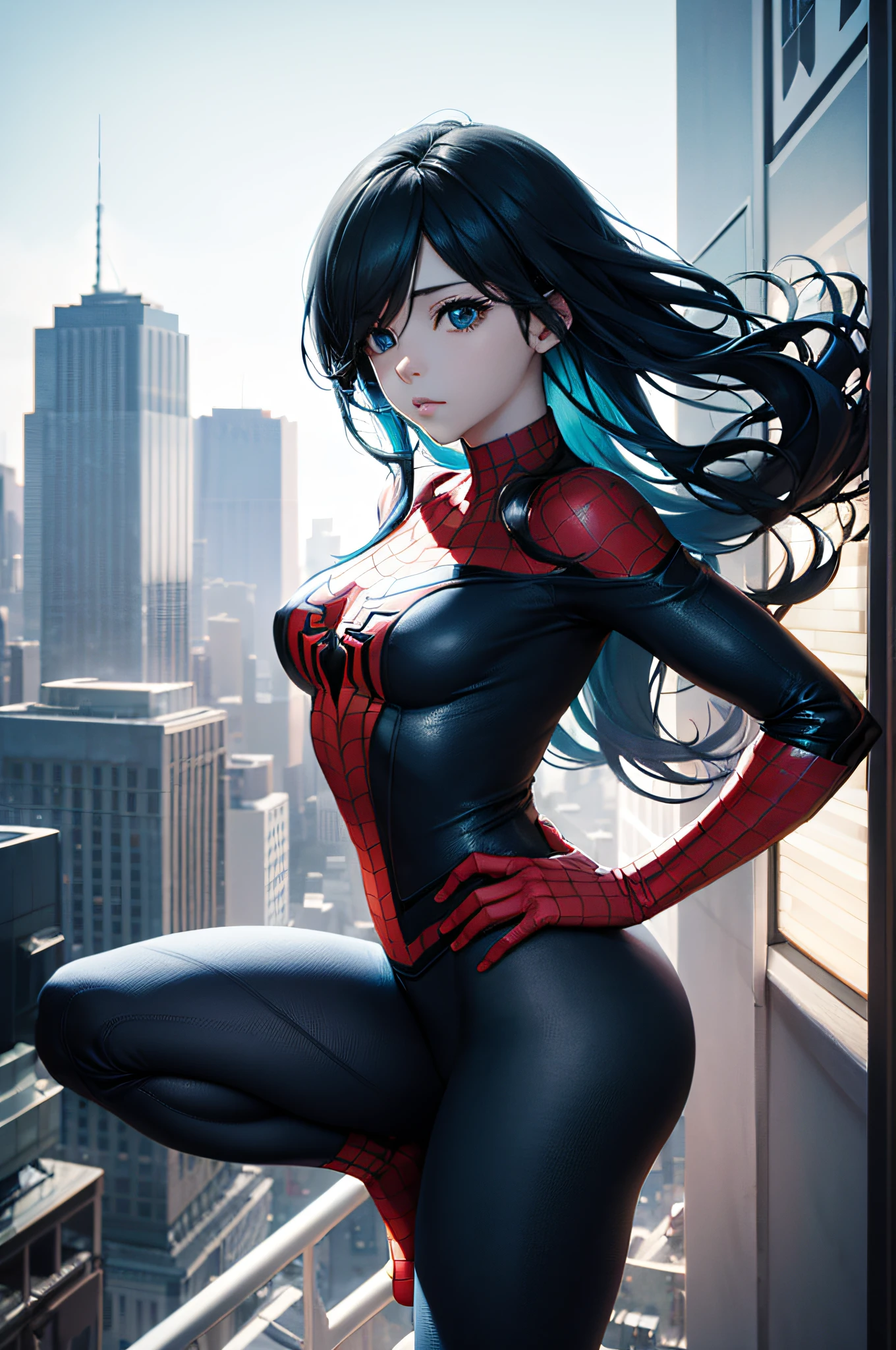 symple background、City view from above、Excellent style, Delicate skin, Beautiful hair, Beautiful blue hair, Beautiful eyes, At the back, Looking here, Red and blue full-body tights、spider-man、Crouch at the top of the tower、Thrust one hand forward、Best shot from above、Very long hair, Floating hair, Shiny hair, sad, A futuristic, Anime, reflective light, nffsw, masutepiece, Best Quality, hight resolution, surrealism, Backlighting, Cowboy Shot, High quality