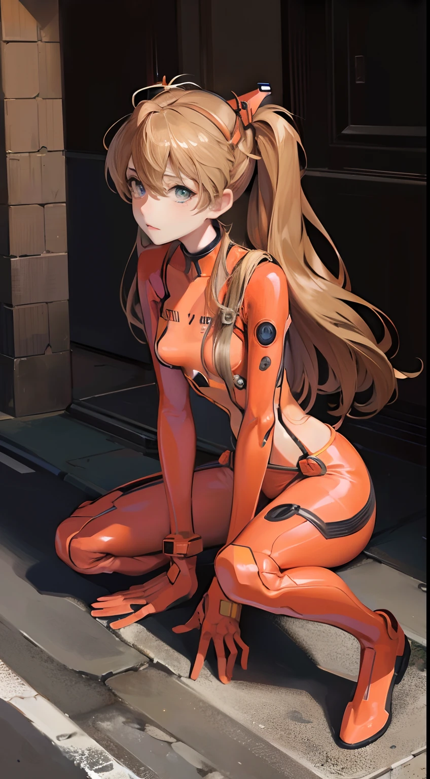 ((masterpiece,best quality, detailed)), against wall, souryuu asuka langley, test plugsuit, headgear