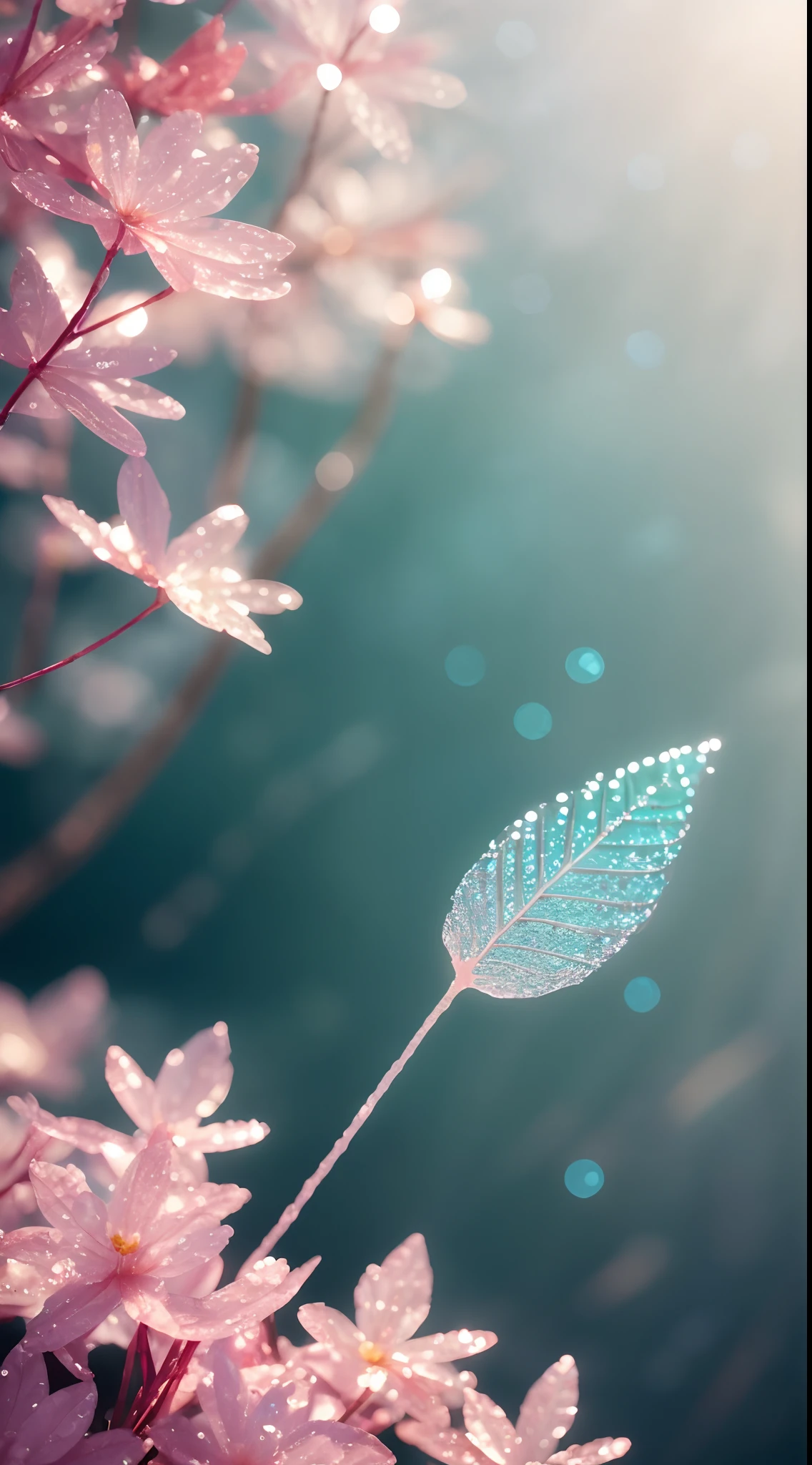 Crystal spring flower，Pink white gradient，water drop，Fantastical, galaxies, Transparent,, Pink white gradient，water drop，Light blue leaves，Sparkle, Sparkle, brilliance, Water，colorful，, Magical photography of light blue leaves, dramatic illumination, Photo realism, Ultra detailed, 4k, depthoffield, high resolusion