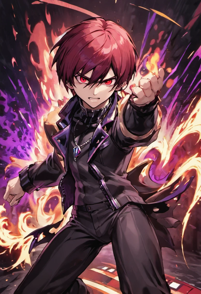A man Iori Yagami wearing torn black and white costume, red hair, short hair, straight hair, , hair with bangs in front of his eyes, ((purple fire magic)), looking at the viewer, (((pose with interaction and if supporting [black car in the background|on an object in the background]))), laboratory background, with experiments, machines, windows, ((full body):1.5), 16k, UHD, best possible quality , ultra detailed, best possible resolution, Unreal Engine 5, professional photography, well-detailed fingers, well-detailed hand, perfect_hands, perfect, GoodHands-beta2, Furtastic_Detailer, ((the king of fighters))