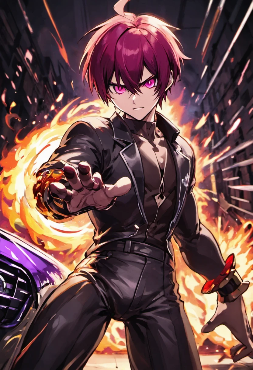 A man Iori Yagami wearing torn black and white costume, red hair, short hair, straight hair, , hair with bangs in front of his eyes, ((purple fire magic)), looking at the viewer, (((pose with interaction and if supporting [black car in the background|on an object in the background]))), laboratory background, with experiments, machines, windows, ((full body):1.5), 16k, UHD, best possible quality , ultra detailed, best possible resolution, Unreal Engine 5, professional photography, well-detailed fingers, well-detailed hand, perfect_hands, perfect, GoodHands-beta2, Furtastic_Detailer, ((the king of fighters))