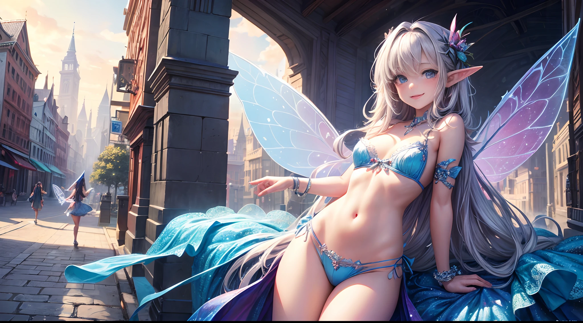 ( Absurd, High quality, ultra-detailed, masterpiece, concept art, smooth, highly detailed artwork, hyper-realistic painting ) , tiny , cute, whole body, Romantic, Vivid, dreamy, fantasy, fairy wings, fantasy fairy city, enchanting glow, very detailed art, reveal clothes, sexy lace underwear, transrarrent clothnes, perky niples, young pregnat, playful, mischievous, smile, city of fairy, stylish sexy fairy, on a city street full of fairies
