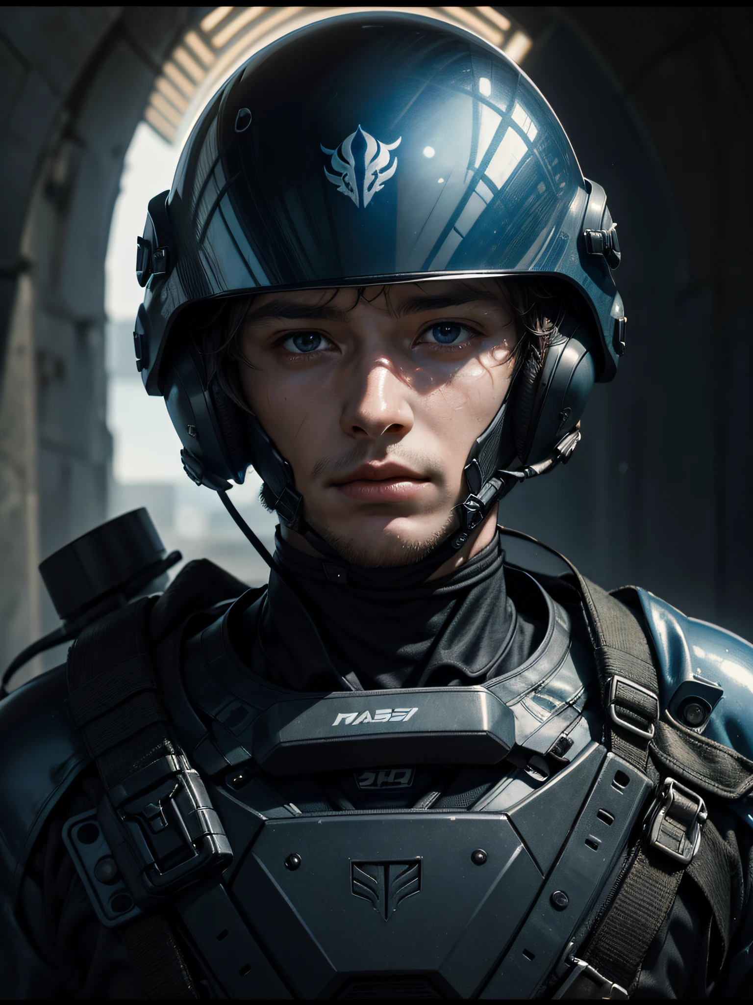 There is a man in a helmet and wetsuit, Cinematic still frame, Edgar Maxence and Ross Tran, Face close-up - up, futuristic soldier, A still from a film about fatigue, Pierre Laffille, Military, Without helmet, Male with halo, The Broken Land, Lad, color corrected