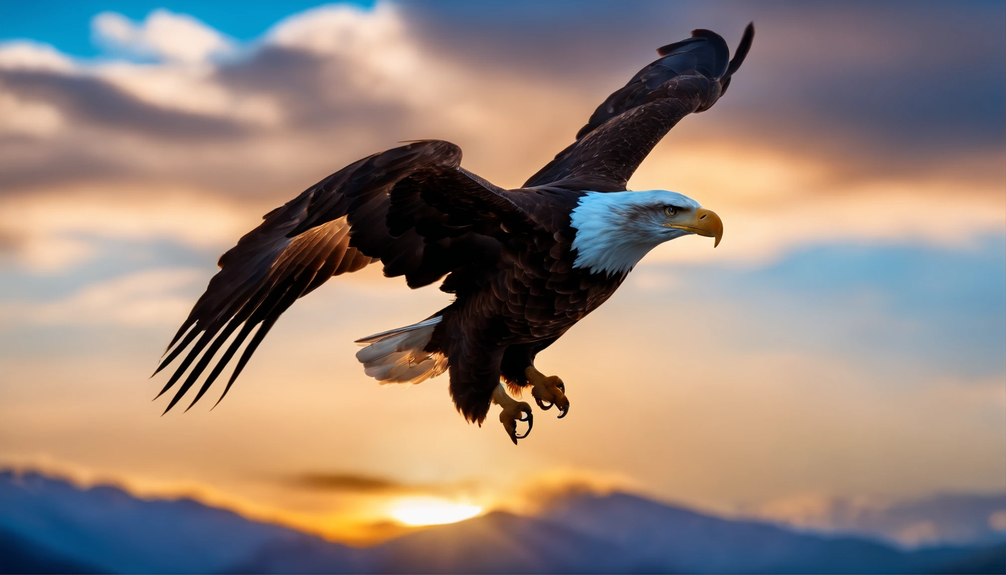 Generate an ultra-realistic, photographic 8k image of a beautiful bald eagle, meticulously detailed, soaring through a stunning blue sky.