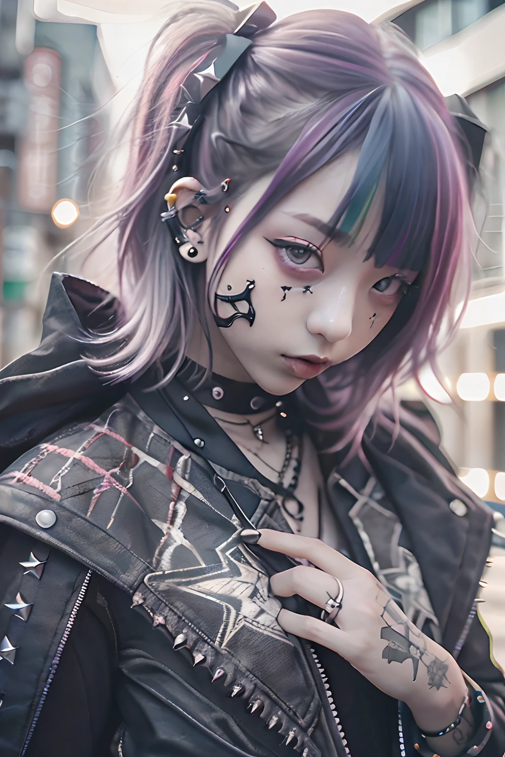Beauty, Black Hair, Kickboxing, damage, bandage, monotone, mode, Ultra-thin line art, Detailed depiction, Fine writing, Hiro Yamagata, Lots of tattoos, Face Paint, Many rings, Flashy Nails, Lots of bangles, beautiful girl, solo, attractive, niji 6, multi color, the same pose, Summer outfitsPastel colored tops, pink, Mint green, Blouses and shirts in soft colors such as lavender, Floral Print, Floral dresses and skirts, Denim jackets and cardigans, Tank tops and camisoles, Bright colored bottoms, white, beige, Pants or skirts in light colors such as light gray, Flat shoes or sandals, casual, Small items such as earrings, Add an accent to your outfit、masterpiece, ultra detailed, hyper detailed, insanely detailed, detailed, high quality, best quality, exquisite, beautiful, woman, shy, wink, making a V sign, looking at viewer, black hair, big eyes, slant eyes, wide-eyed, heterochromia, with heart-shaped pupils, wheatish skin, skirt, choker, with a tattoo, piercing, beauty mark, freckles, blush, nail polish, long hair, twintail, very long hair, long hair, twintails, spiked hair, flipped hair, ahoge, shiny hair, wavy hair