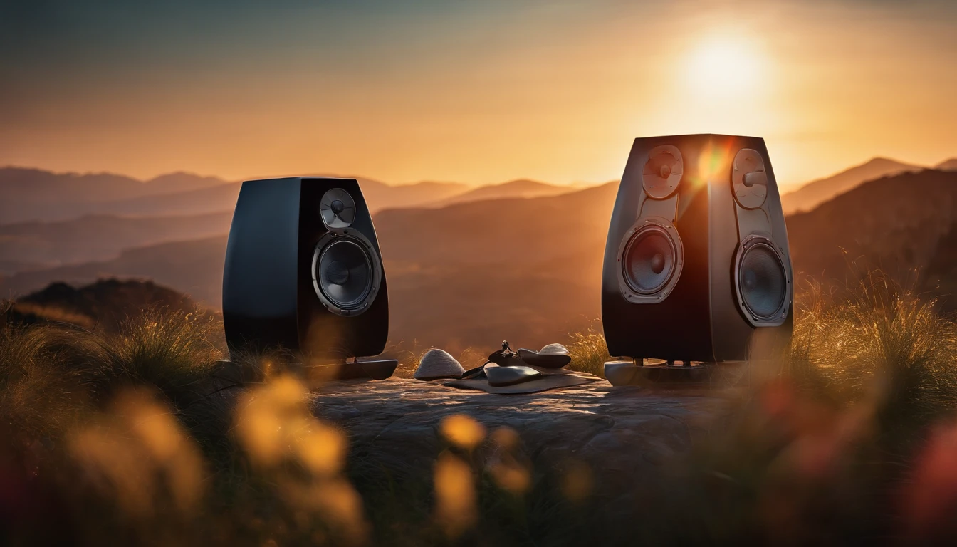 "(best quality, highres, ultra-realistic:1.2), detailed scenery, 2 giant speakers, vibrant colors, soft sunlight, professional lighting, sharp focus, bokeh"