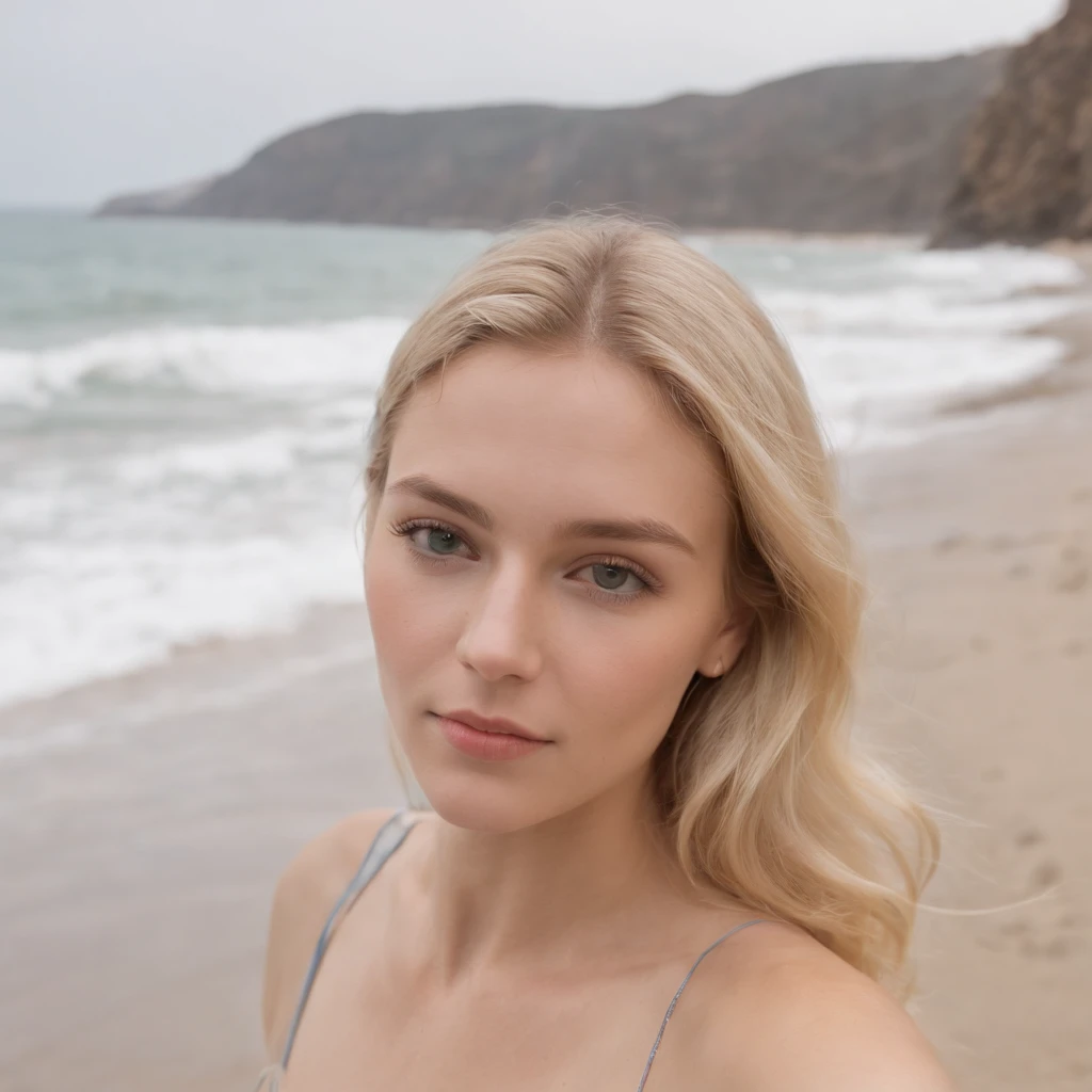 Hyperrealistic selfie-like portrait of a blonde 19-year-old woman, pelo largo, raza aria, ojos azules casi grises, delgada, altamente bonita, cara ultradetallada, small breasts, luz en la cara, in swimsuit, con fondo de una playa,