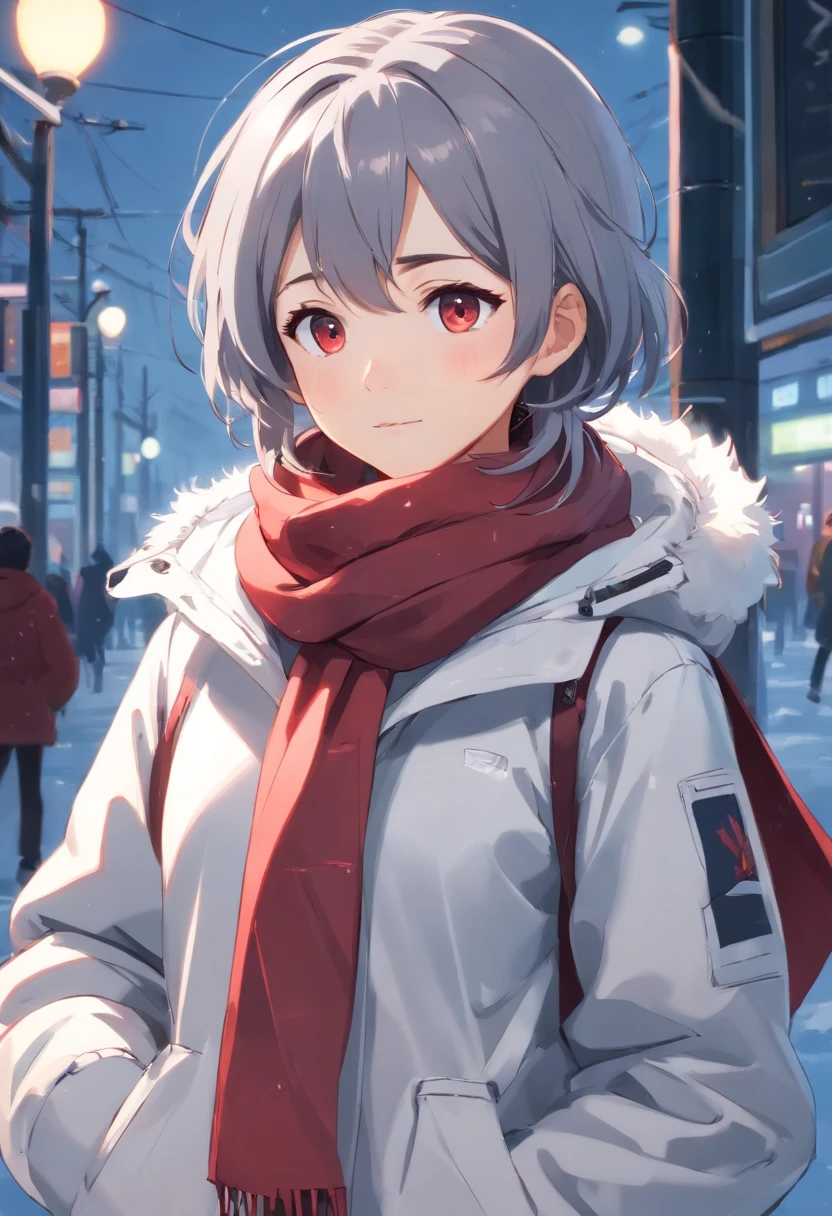 Girl with gray hair and white pupils in white down jacket,Short grey skirt with crimson cotton cap,Wrapped around a gray scarf