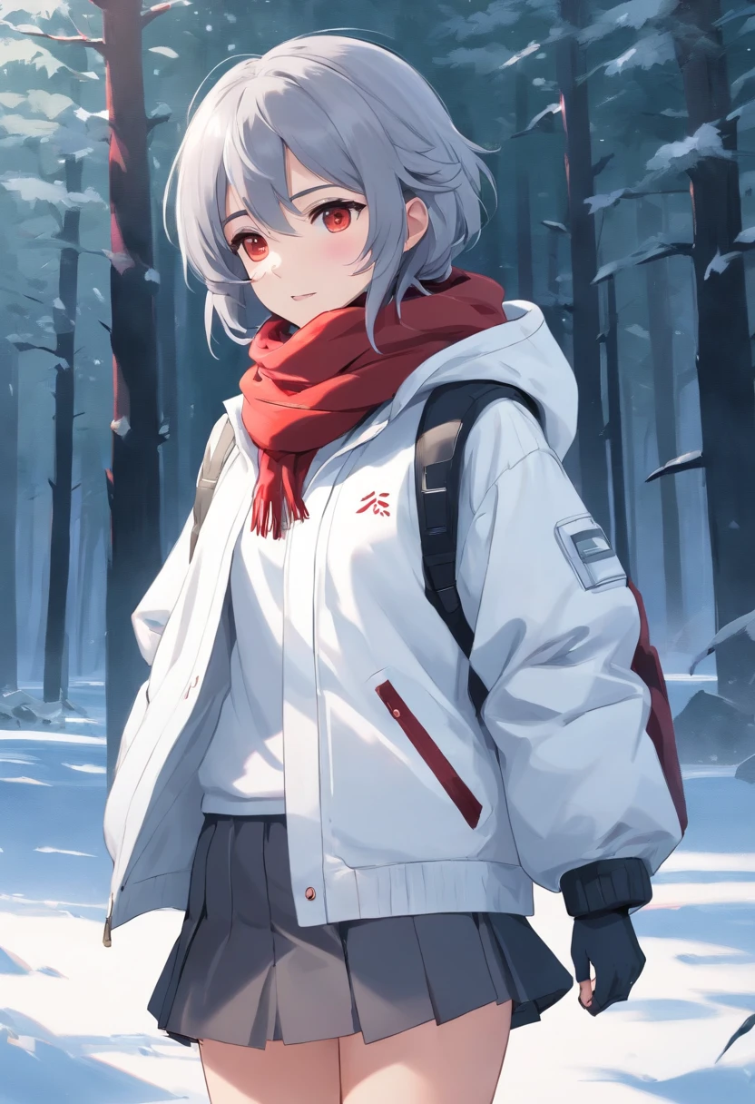 Girl with gray hair and white pupils in white down jacket，Short grey skirt with crimson cotton cap，Wrapped around a gray scarf