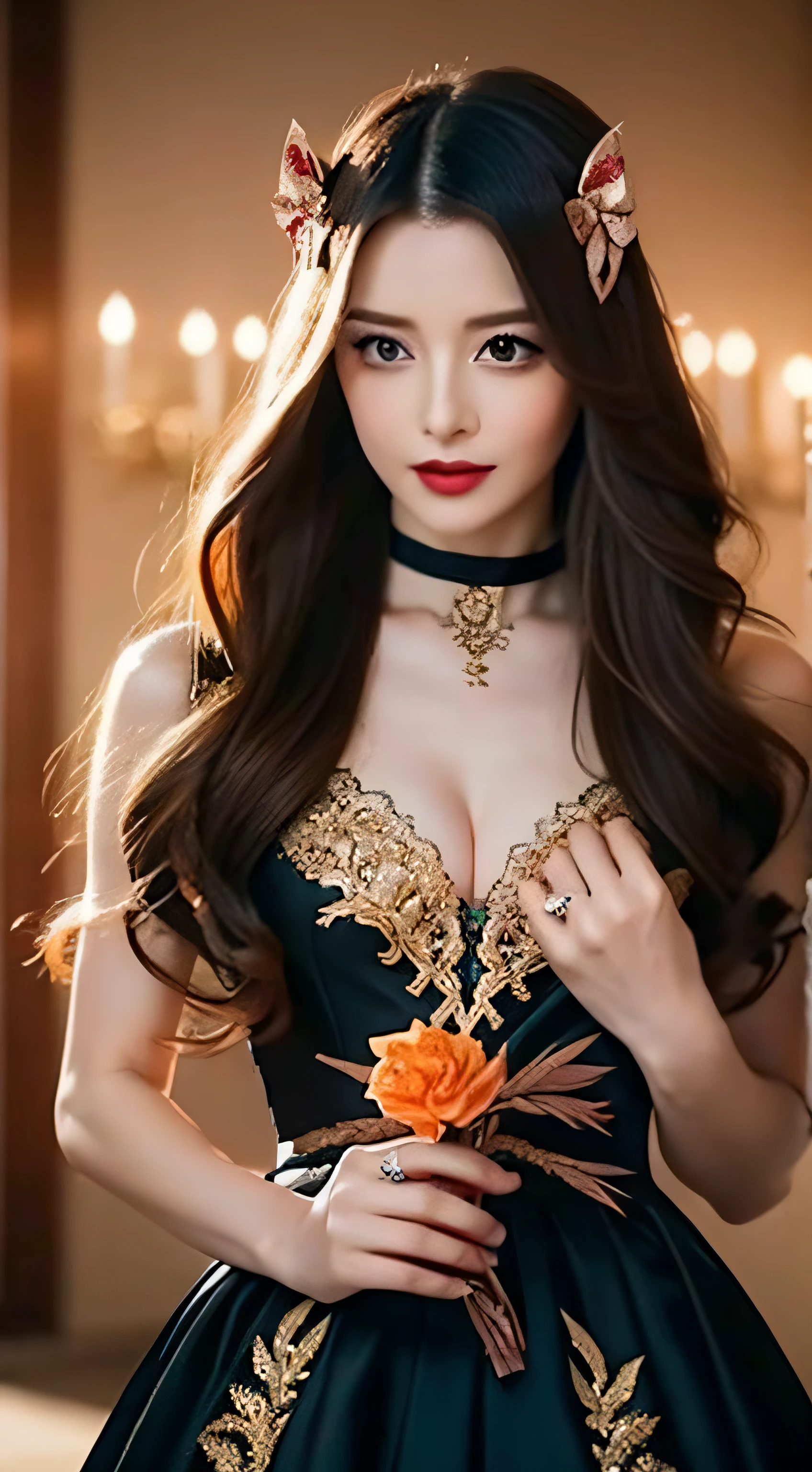 1girl in, long_hair, Bright_hair_Color, Seductive_Eyes, Mysterious_expression, appearance, Glamorous_outfit, flowing_Dress, Elegant_Jewelry, Convoluted_ornamented, Magic_Symbols, blazing_Accessories, potions, sscroll, Cute_accent, the bow, bow ribbon, Flowers,