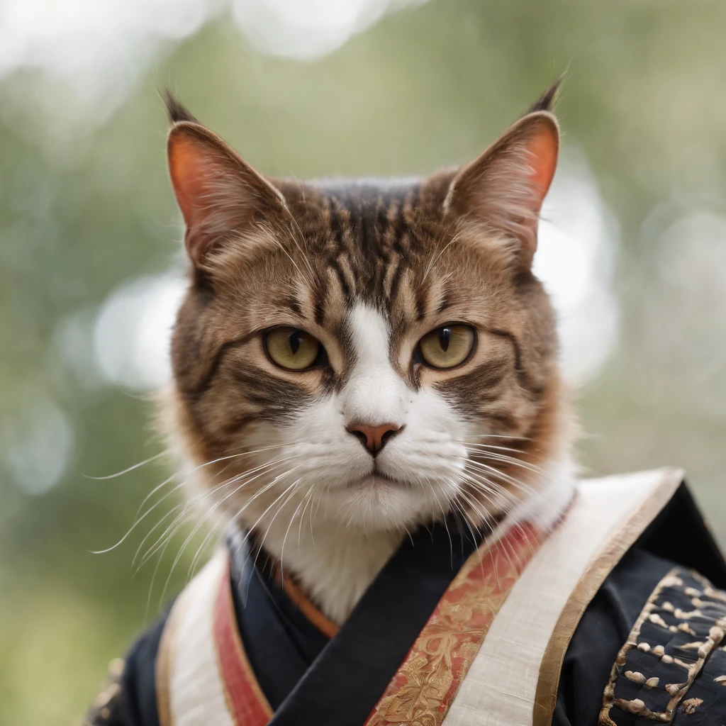 A cat dresses as a samurai