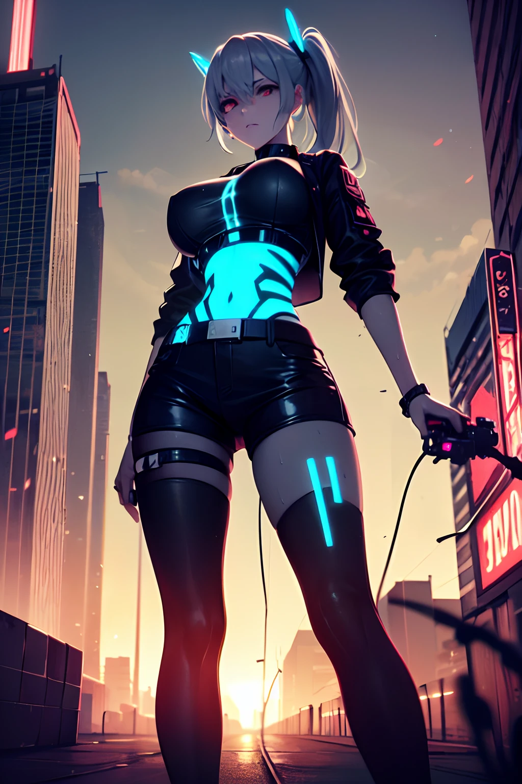 anime girl with carrier pack and uniform in the city, oppai cyberpunk, cyberpunk accesories, high ponytail with neon thin wires, ((neon wires on hair)) , silver metal, City neon ligths on her, girl on spotligth, almost dark gigure with ligths hiting her body on eyes, breast, hips, very dark ambient, break domain visuals, intense contrast colors, cyan, green, blue palette, cold tones, looking away, very serious attitude, punk attitude, punk body language, ligth particles, polution, grim world, sadness, radioactive city, gloom ambient, damage tubular structures, rusty tech, wet streets, crowded city, ((brilliant drones beetween skycrappers))