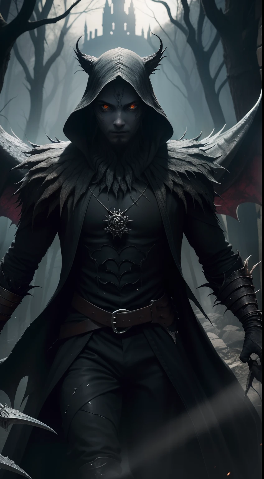 master part, ultra detalhada, melhor qualidade. Crie uma foto de corpo inteiro de Vargos, o Lorde da Carnificina, uma criatura sinistra e aterrorizante deste mundo de Lumineth. He is a shadowy entity who radiates a menacing aura. His skin is pale as death and has grotesque scars and wounds. Seus olhos devem brilhar com uma luz sobrenatural, emanating a sense of malice. Vargos has sharp claws and visible fangs, highlighting its predatory nature. Ao fundo, crie um ambiente sombrio e macabro. Besta Clerical de Bloodborne.