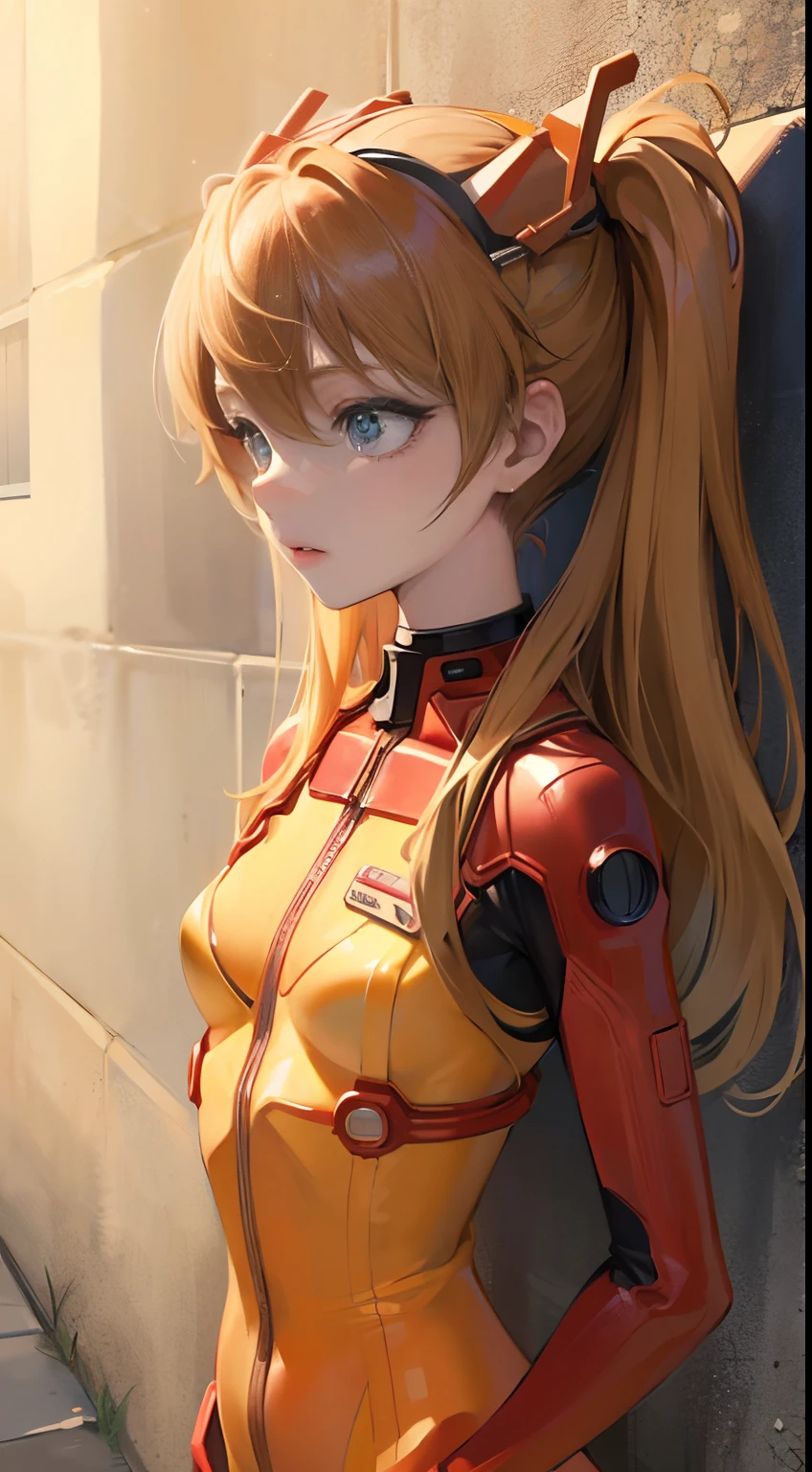 ((masterpiece,best quality, detailed)), against wall, souryuu asuka langley, test plugsuit, headgear