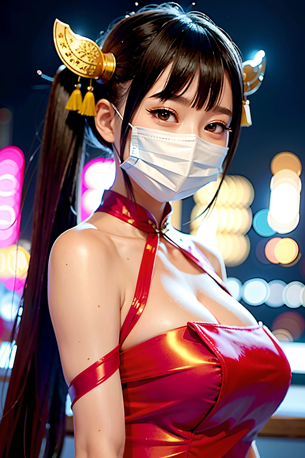 ((Gorgeous golden cheongsam)),(((ssmile:1.0, laughingly:1.0 ))), 1girl, solo, makeup, highres, huge tit:1.2, cleavage, looking at viewert, ssmile, By bangs, cropped shoulders, brunette color hair, 鎖骨, crossed bangs, Hair between the eyebrows, hair adornments, shairband,  Chinese style clothes,, long whitr hair, masks, Wear a mask on your head, cropped shoulders, lips parted, red eyes, red kimono, Red ribbons, ribbons, striped ribbon, taihou\(azur lane\), twintails, Very long hair,（shiny skins），obi strip，the night，detailedbackground，modern urban，neonlight，sfw：1.8，