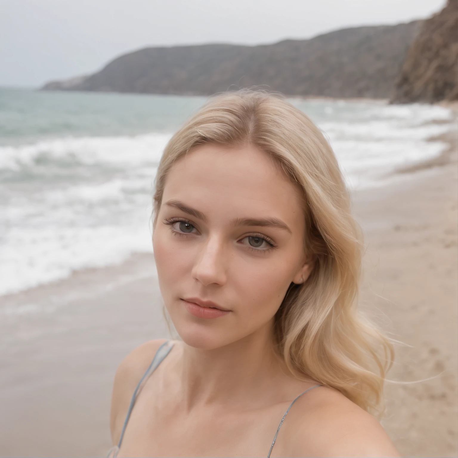 Hyperrealistic selfie-like portrait of a blonde 19-year-old woman, pelo largo, raza aria, ojos azules casi grises, delgada, altamente bonita, cara ultradetallada, small breasts, luz en la cara, in swimsuit, con fondo de una playa,