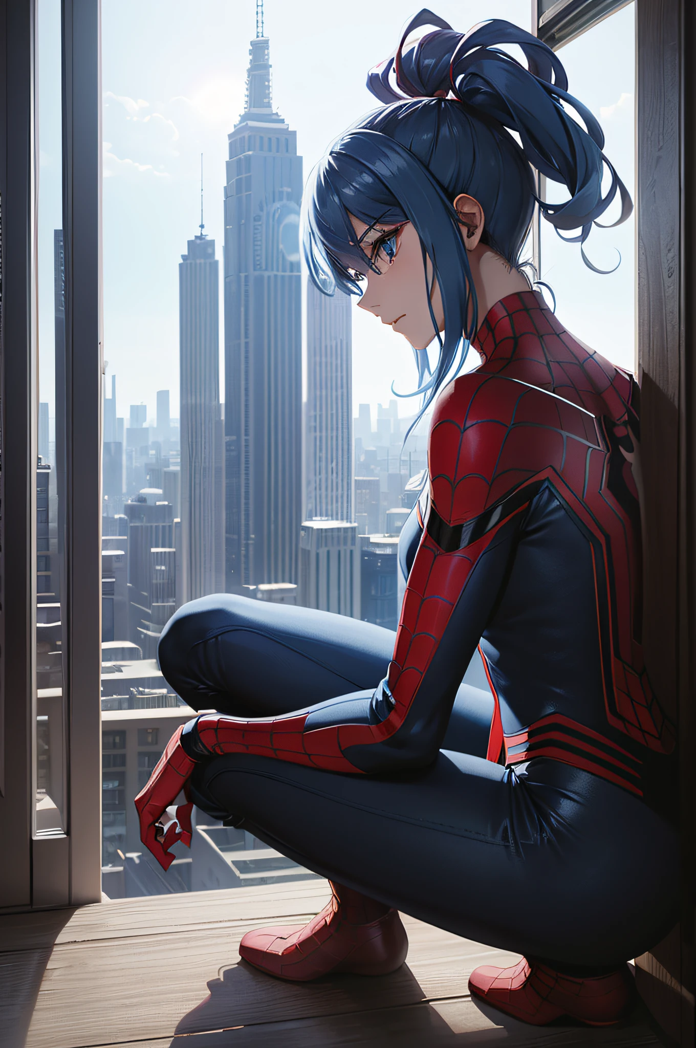 symple background、City view from above、Excellent style, Delicate skin, Beautiful hair, Beautiful blue hair, Beautiful eyes, At the back, Looking here, Red and blue full-body tights、spider-man、Crouch at the top of the tower、Thrust one hand forward、Best shot from above、Very long hair, Floating hair, Shiny hair, sad, A futuristic, Anime, reflective light, nffsw, masutepiece, Best Quality, hight resolution, surrealism, Backlighting, Cowboy Shot, High quality