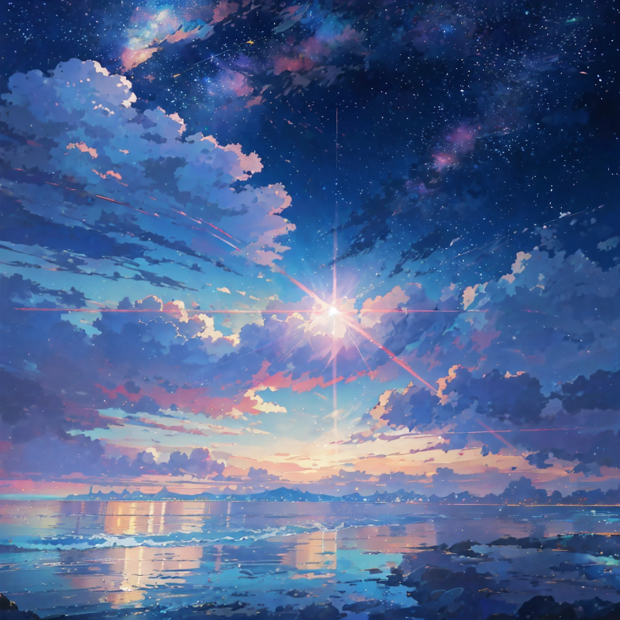 anime scenery of a beach with a star filled sky, cosmic skies. by makoto shinkai, ethereal starlit city at sunset, cloudy, anime sky, star(sky) starry_sky, anime beautiful peace scene, anime background art, beautiful anime scene, a beautiful artwork illustration, style of makoto shinkai, endless cosmos in the background