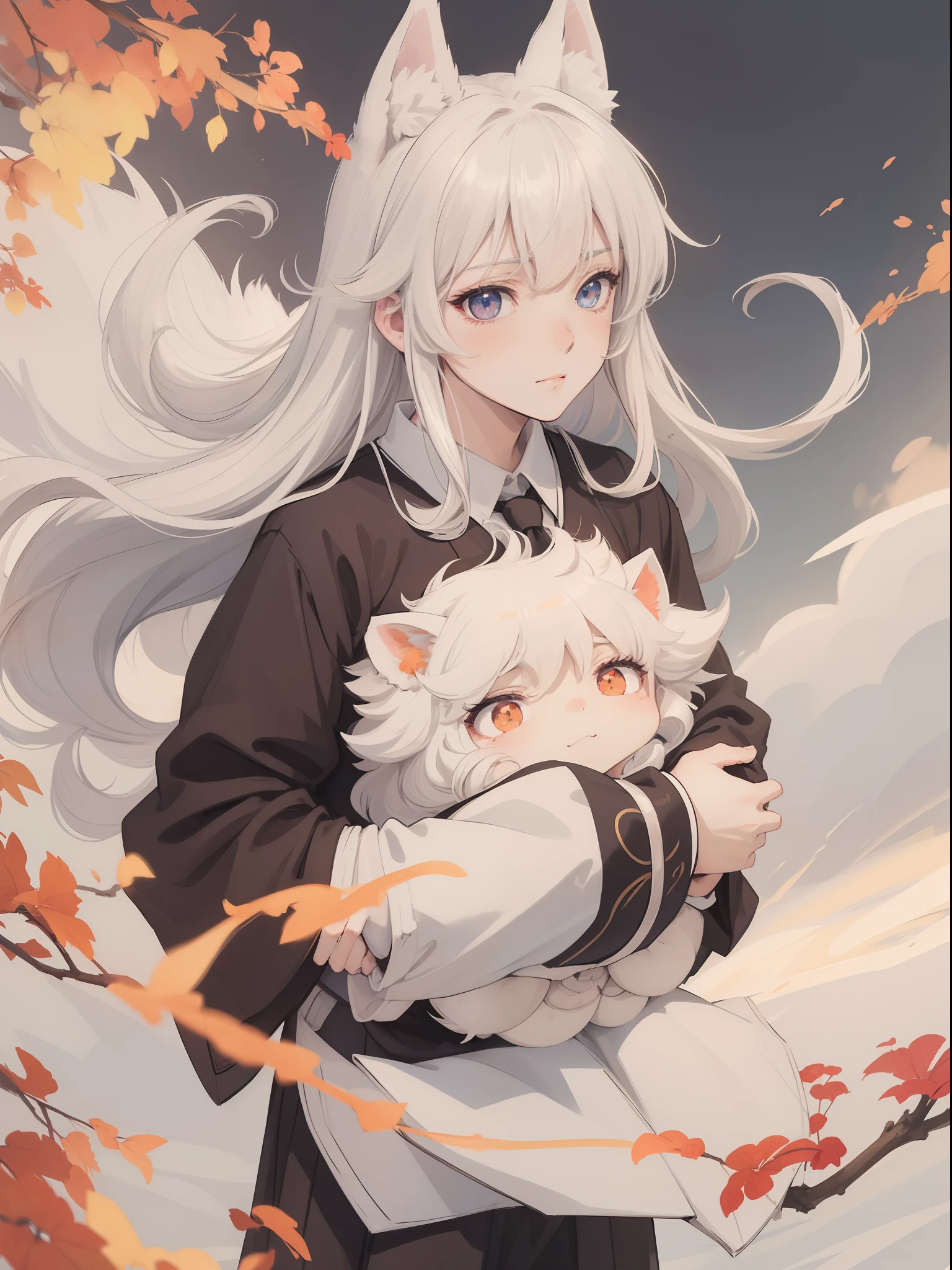 White-haired fox ears，Anime male，adolable，whaite hair，Micro-curls at the end of the hair，Bright eyes，The pupils are innocent and deep，schoolboy，Shotai Male，ember