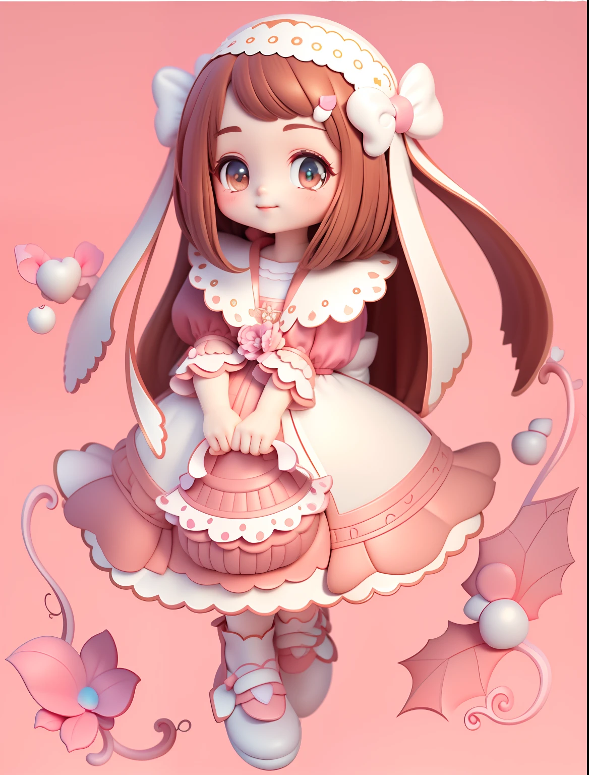 (tmasterpiece), (best qualityer), (ultra - detailed), (full bodyesbian: 1.2) Beautiful cute girl，brown  hair，pinkdress，White-headed flower，white bows，Hefty Smile, full bodyesbian, :3, Pastel tonal background , ، simple.