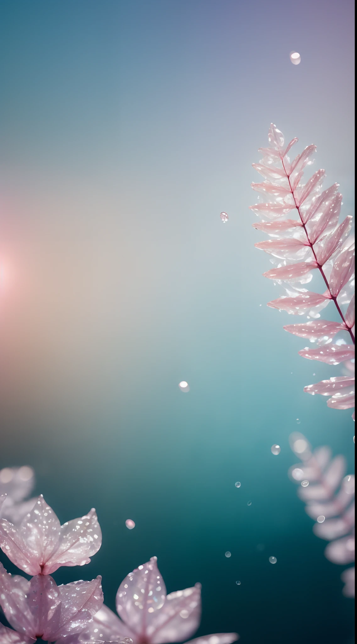 Crystal spring flower,Pink white gradient,water drop,Fantastical, galaxies, Transparent,, Pink white gradient,water drop,Light blue leaves,Sparkle, Sparkle, brilliance, Water,colorful,, Magical photography of light blue leaves, dramatic illumination, Photo realism, Ultra detailed, 4k, depthoffield, high resolusion