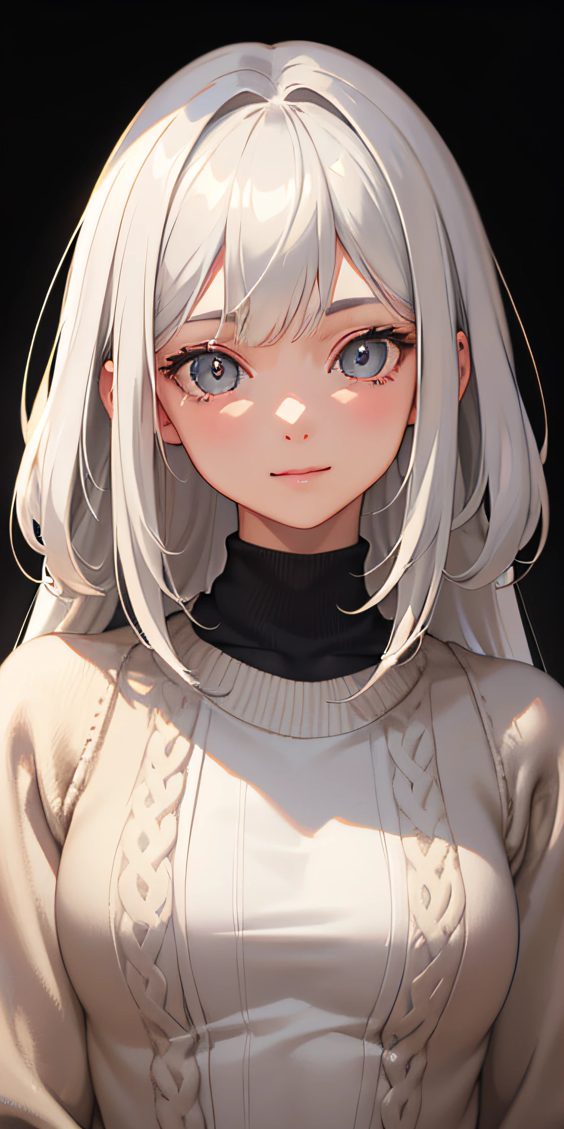 [(transparent background (((master piece))),(((best quality))),(((extremely detailed))),1 High School Girl, small breasts,(medium grayish white hair, bangs in front eyes) (brown eyes), (beige sweater cardigan) Closeup of the face, volumetric lighting, Detailed eyes, hyper detailed, calm smile, highly detailed, beautiful, small details, ultra detailed, best quality, intricate, 4k, , good anatomy , nice lighting, shy eyes, Released, Detailed eyes