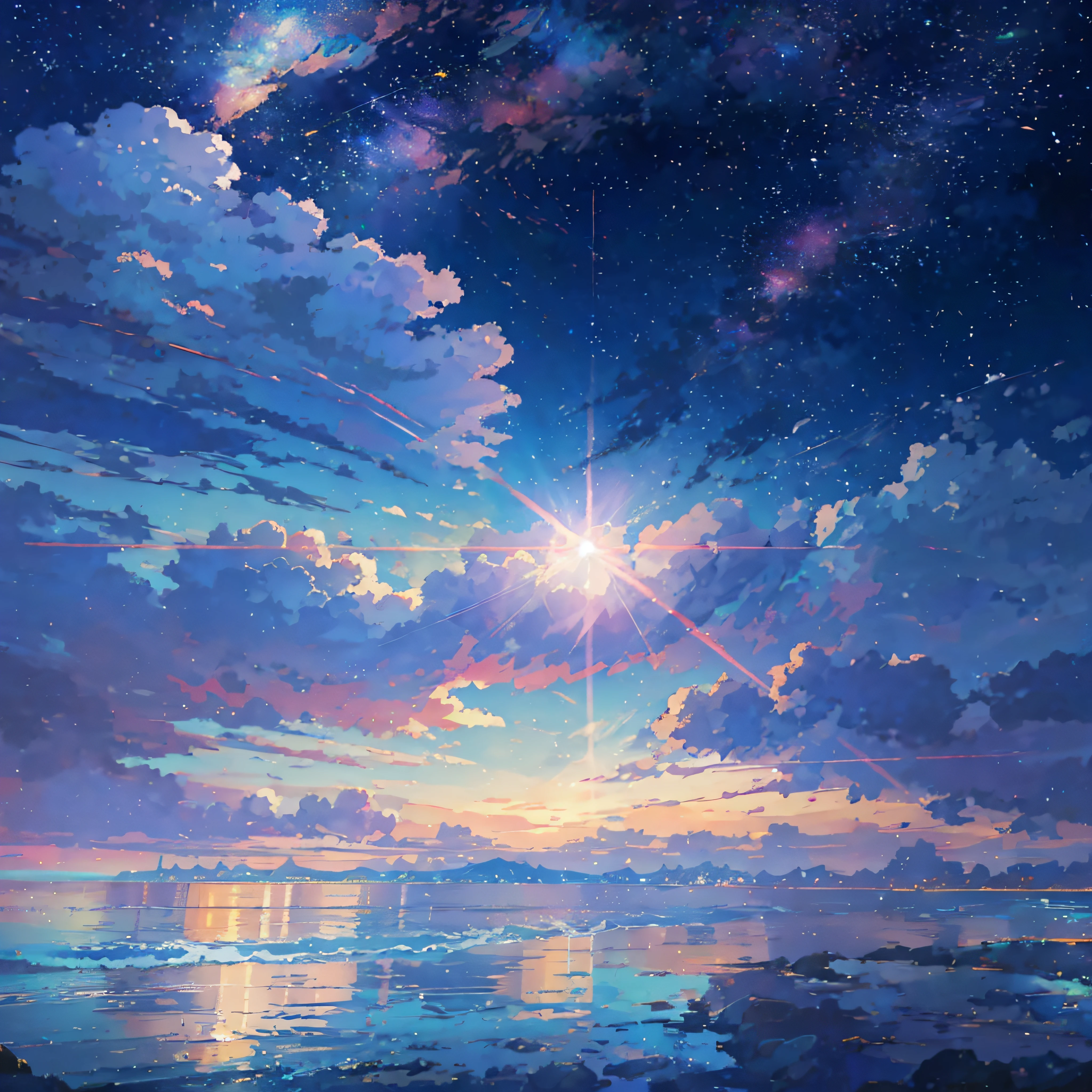 anime scenery of a beach with a star filled sky, cosmic skies. by makoto shinkai, ethereal starlit city at sunset, cloudy, anime sky, star(sky) starry_sky, anime beautiful peace scene, anime background art, beautiful anime scene, a beautiful artwork illustration, style of makoto shinkai, endless cosmos in the background