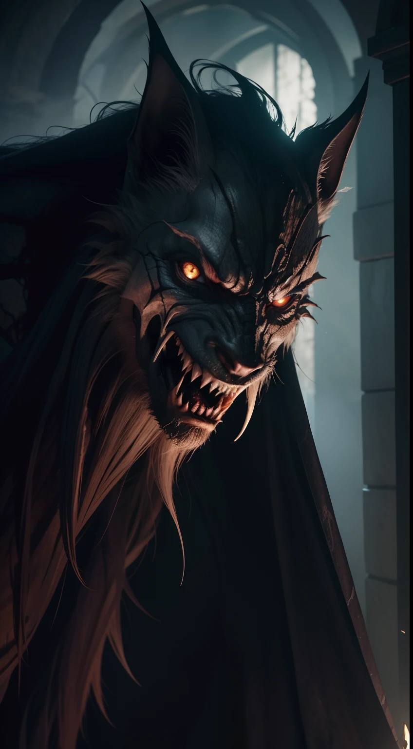 master part, ultra detalhada, melhor qualidade. Crie uma foto de corpo inteiro de Vargos, o Lorde da Carnificina, uma criatura sinistra e aterrorizante deste mundo de Lumineth. He is a shadowy entity who radiates a menacing aura. His skin is pale as death and has grotesque scars and wounds. Seus olhos devem brilhar com uma luz sobrenatural, emanating a sense of malice. Vargos has sharp claws and visible fangs, highlighting its predatory nature. Ao fundo, crie um ambiente sombrio e macabro. Besta Clerical de Bloodborne.