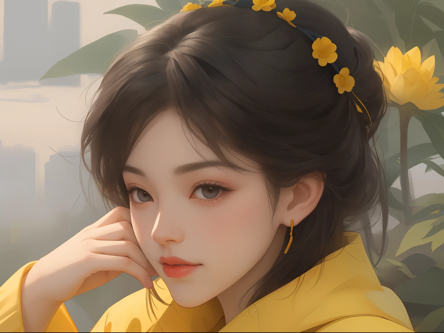 1 flat-chested girl，Close-up of upper body portrait，Slim and flat body，smallunderboob，Black color hair，floated hair，Hazy beauty，Extremely beautiful facial features，Yellow embroidered tulle dress，with a hairpin on her head，It is surrounded by colorful flowers，Surrounded by flowers，Surrounded by flowers，Perfect anatomy，（Skinny figure，flatchest），（springtime， Rainy days， terraced， mountain ranges）， Simple vector art， Contemporary Chinese art， the soft light，Overlooking