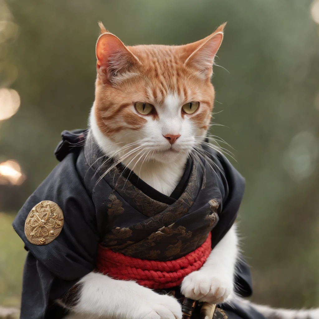 A cat dresses as a samurai.And carry a sword. . 8k . Full picture detail .Full picture of the cat