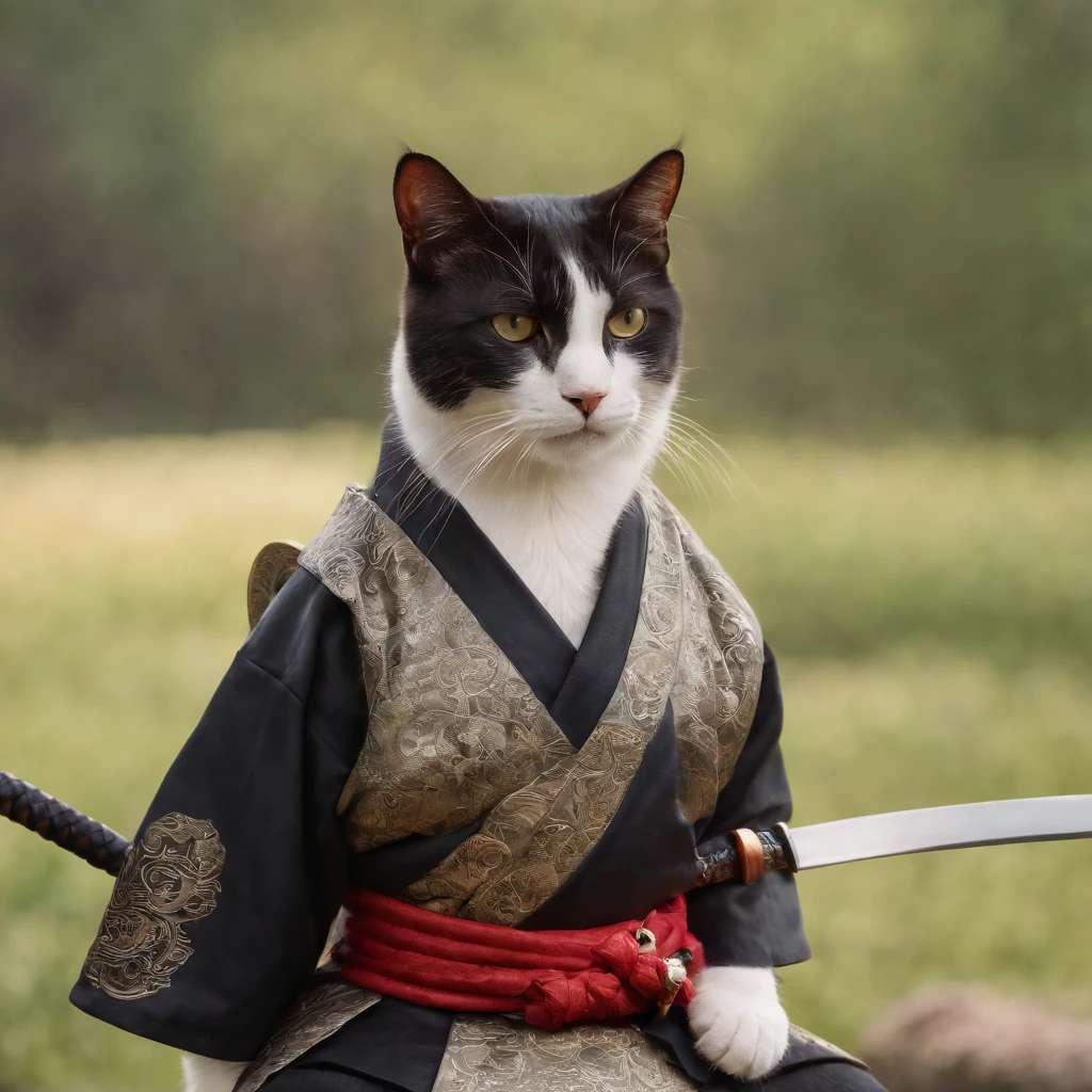 A cat dresses as a samurai.And carry a sword. . 8k . Full picture detail .Full picture of the cat