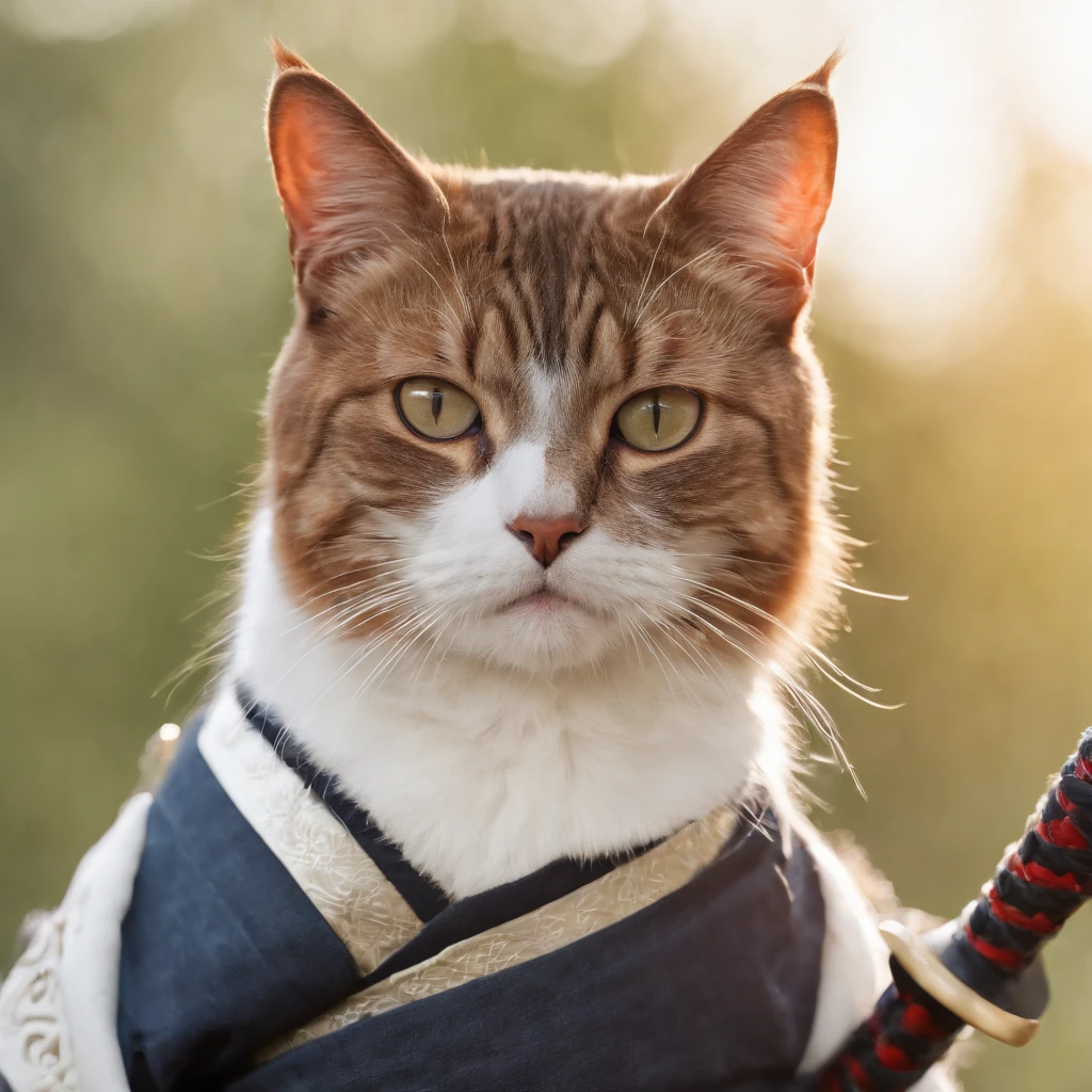 A cat dresses as a samurai.And carry a sword. . 8k . Full picture detail .Full picture of the cat