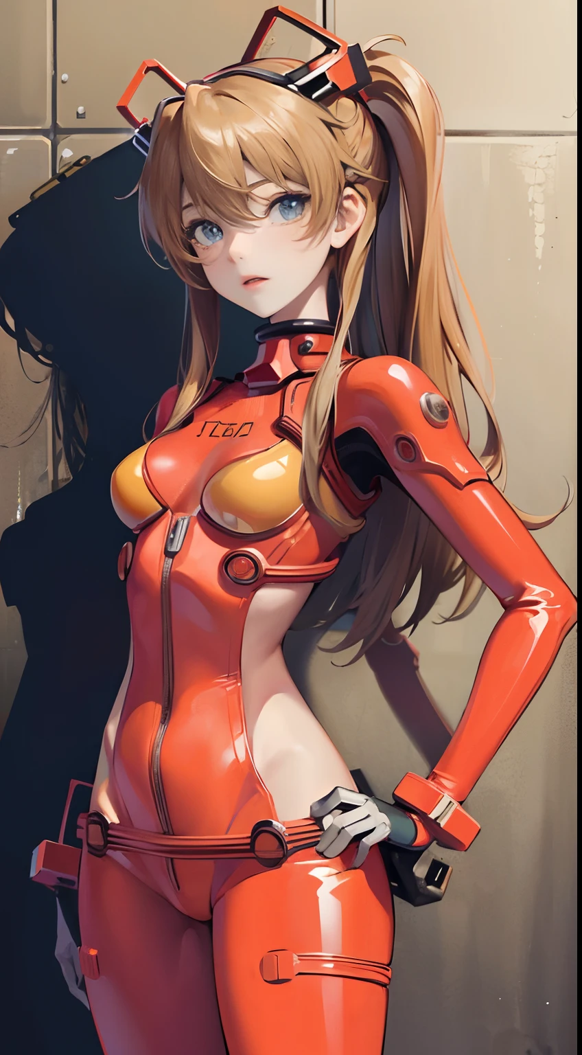 ((masterpiece,best quality, detailed)), against wall, souryuu asuka langley, test plugsuit, headgear