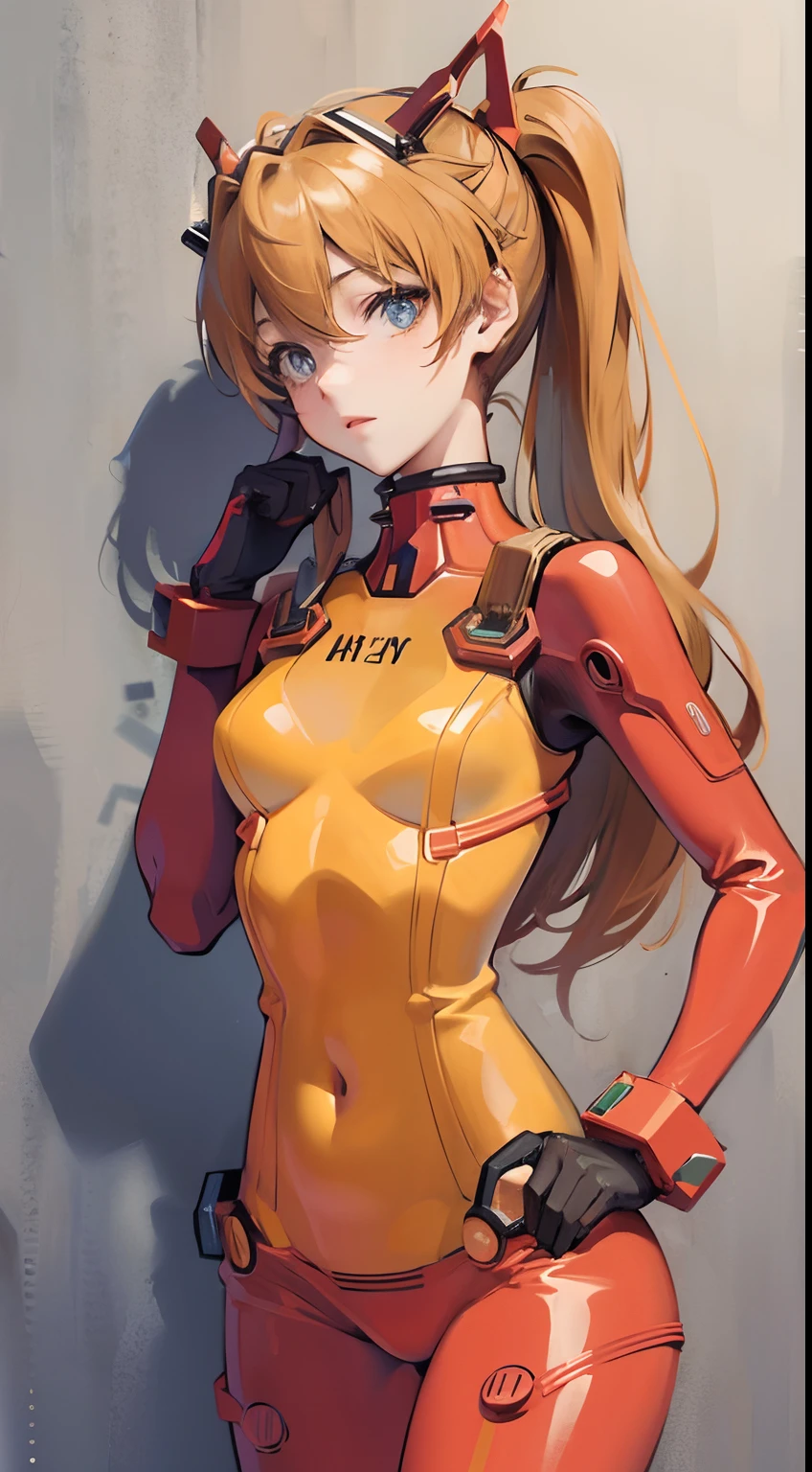 ((masterpiece,best quality, detailed)), against wall, souryuu asuka langley, test plugsuit, headgear