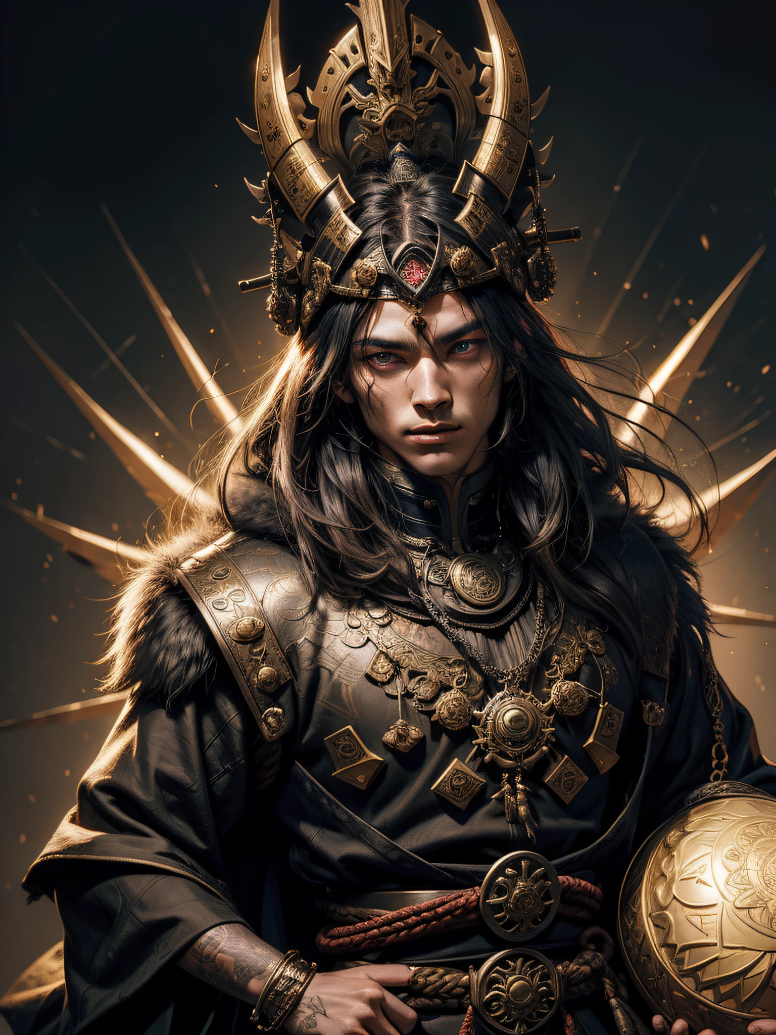 A man in samurai armor with fur around his neck and waist, Wearing the Devil's Helmet, Dusty details of ornaments, The battle is tired, male warrior, bronya, Epic, scar on face, Portrait of the DND character, Intricate, 8K resolution, dinamic lighting, hyper-detailing, Unreal 5, voluminous lighting, Alphonse Mucha, Pre-Raphaelites, Detailed background, a Mandala, Detailed Face, A detailed eye, neon eyes