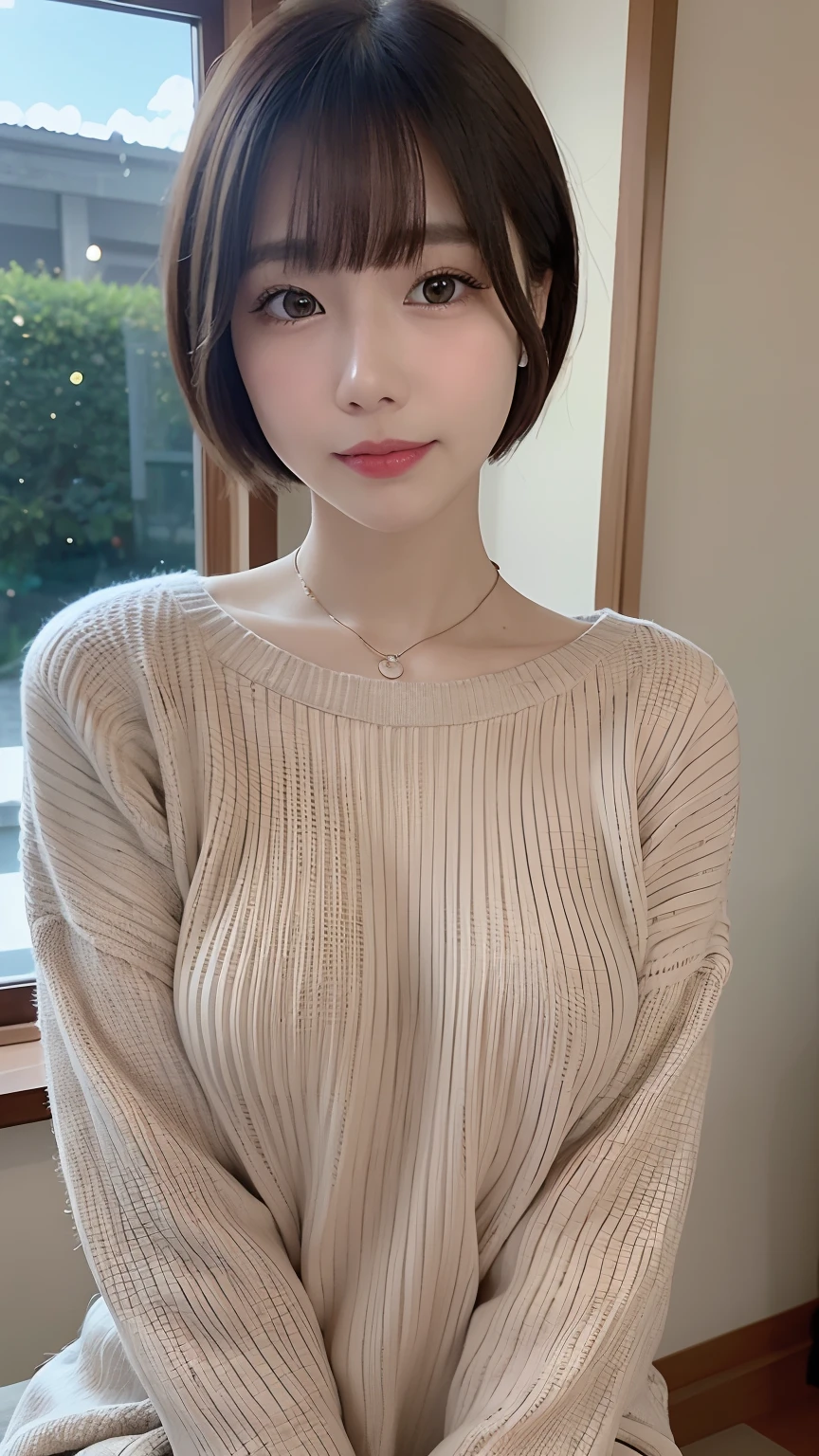 a close up of a woman with a sweater on posing for a picture, Middle metaverse, Yoshitomo Nara, Japanese model, Beautiful Asian girl, with short hair, 2 4 year old female model, 4 k'' ], 4K], 2 7 years old, sakimichan, sakimi chan