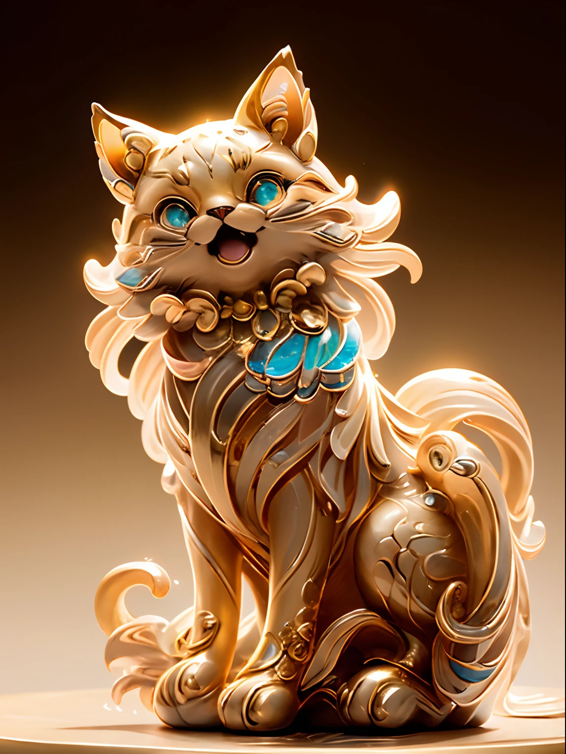 in the shape of a cat,Bling background,Dreamy colors,Transparent statue,florals,Big eyes,golden colored,Open-mouthed,laughingly,tmasterpiece,(best qualtiy:1.3), full bodyesbian,Ling_Long