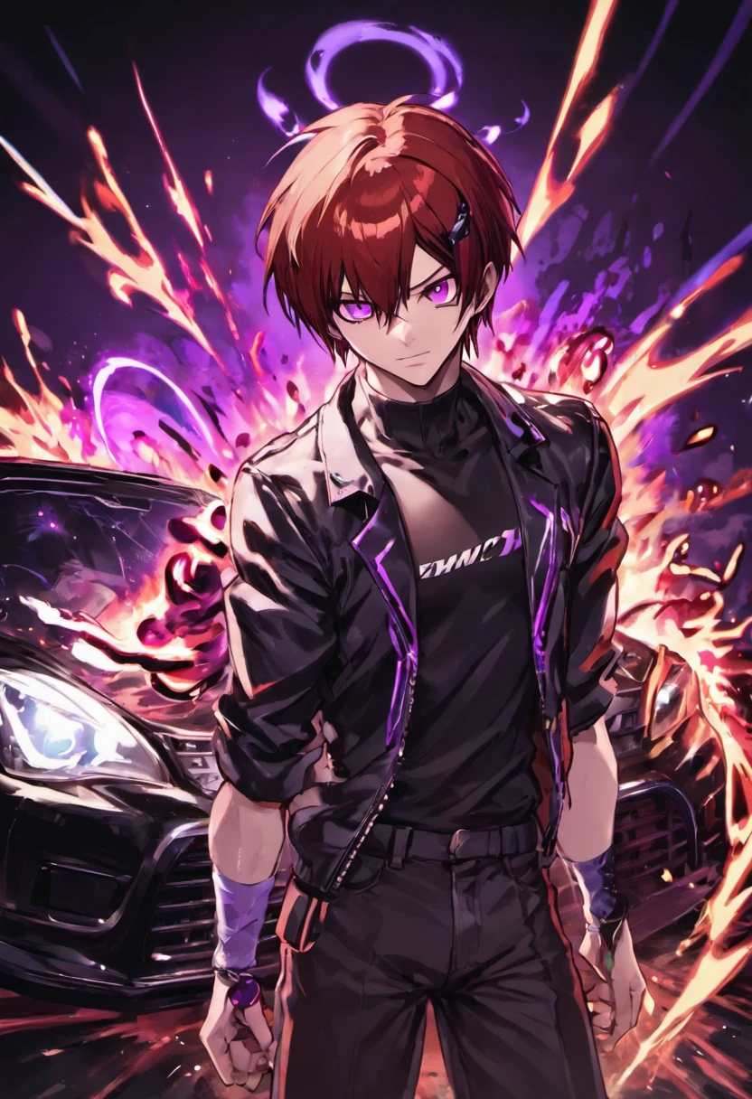 game character the king of fighters, Iori Yagami. A man wearing torn black and white clothes, red hair, short hair, straight hair,, hair with bangs in front of his eyes, ((purple fire magic)), looking at the viewer, (((pose with interaction and leaning on [black car in the background|on an object in the background]))), laboratory background, with experiments, machines, windows, ((full body):1.5) , 16k, UHD, best possible quality, ultra detailed, best possible resolution, Unreal Engine 5, professional photography, well-detailed fingers, well-detailed hand, perfect_hands, perfect, GoodHands-beta2, Furtastic_Detailer, ((the king of fighters) )