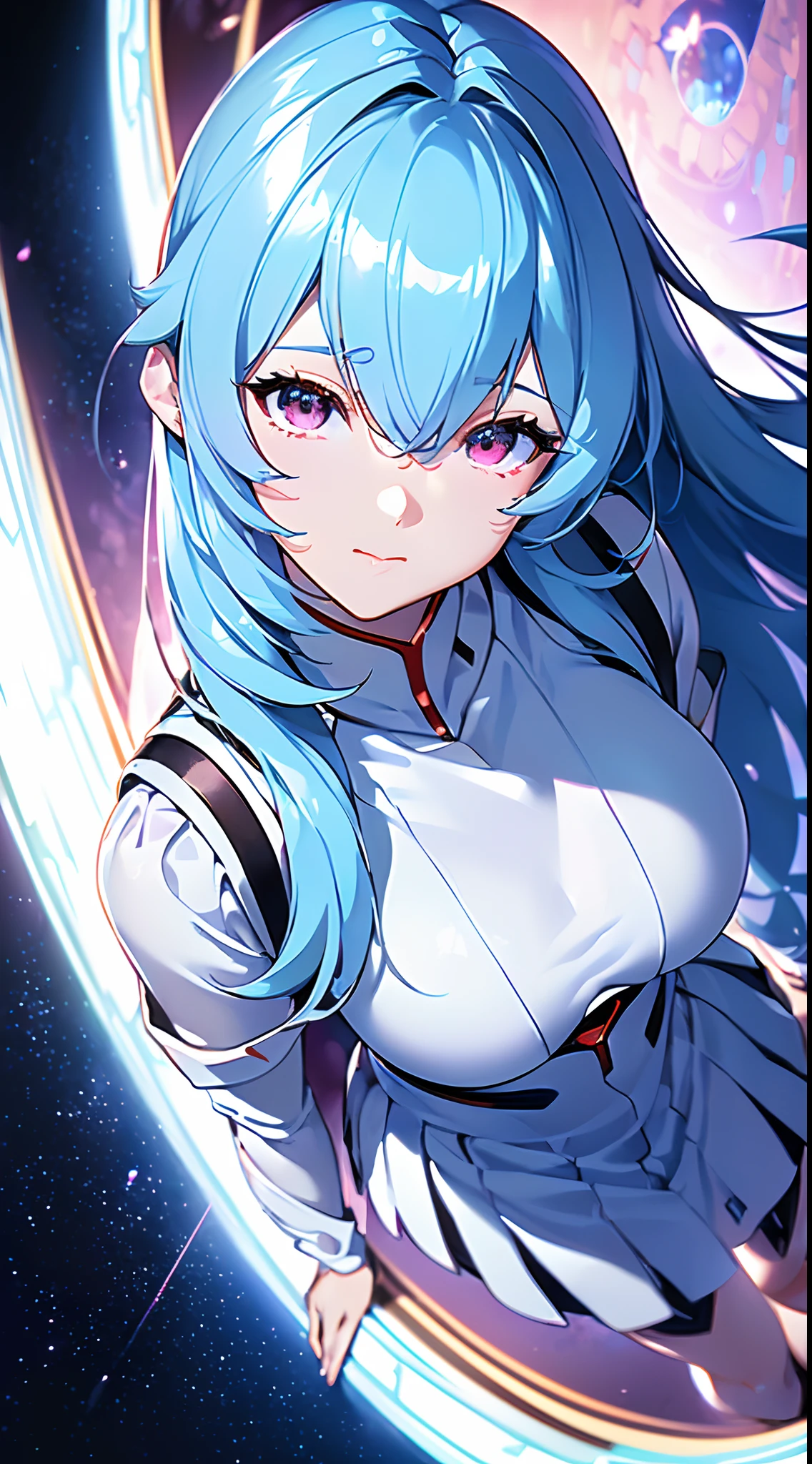 (((ayanami rei:))),1girl,solo,(masterpiece,best quality, official art,aim to viewers, beautiful and aesthetic:1.2),(ultra high res,spiral, golden ratio, (4k), see from below,((above the earth)),floating,dynamic lighting, natural lighting,(photon mapping, radiosity, physically-based rendering,automatic white balance), technological sense,Amazing,sharp focus,rich background, (((high detailed skin,)))dynamic lighting,intricate detailed outfit,glowing eyes,watery eyes,((extremely long hair,))deadpan, skiny,  turtle neck, short skirt,button shirt,(masterpiece sidelighting),(bishoujo,lustrous),(sky blue hair,pink eyes,）[[delicate fingers and hands:0.55]::0.85],(detail fingers),(((Ultra Photographic Quality,ultra wide angles)))),((incredibly absurdres)),bust shot,((extremely_detailed_eyes_and_face)),(disheveled hair),FilmGirl,(dynamic configuration: 1.4),dreamy, magical,Looking out from the space station, the landscape would be breathtaking,with a distant planet visible on the horizon, covered in swirling clouds，Busty,Brilliant，smooth thigh