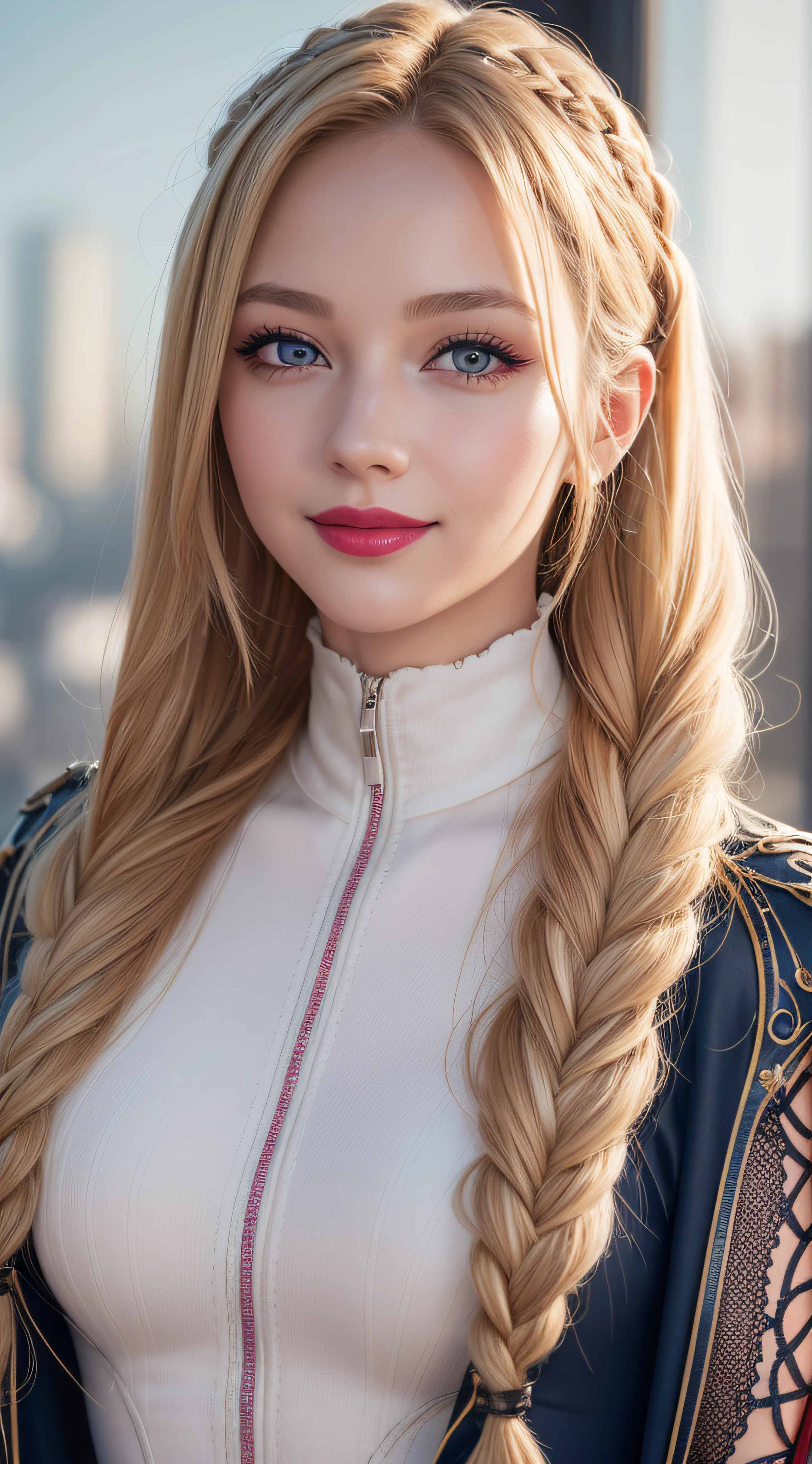 Unbeatable masterpiece, Ultra photo realsisim, Perfect artwork, Intricate details, Best quality, Strong light, High contrast, steampunk pink Speerise High Neck Zip One Piece Unitard Full Body(Masterpiece) , (Best quality) , (extremely detailed wallpaper CG unity 8k) , (best character detail:1.36), marshes, (delicated lines:1.24), (fantasy), (Cold light:1.2) , blue superhero cape, Color splattering , Colorful, colorful background, detailed eyes, love eyes, red lipstick, detailed eyeshadows, yellow hazel eyes, Simple background, multi-braided blonde hair, smiling, looking at viewer, 1girl, matured girl, (long hair:1.2), high high quality