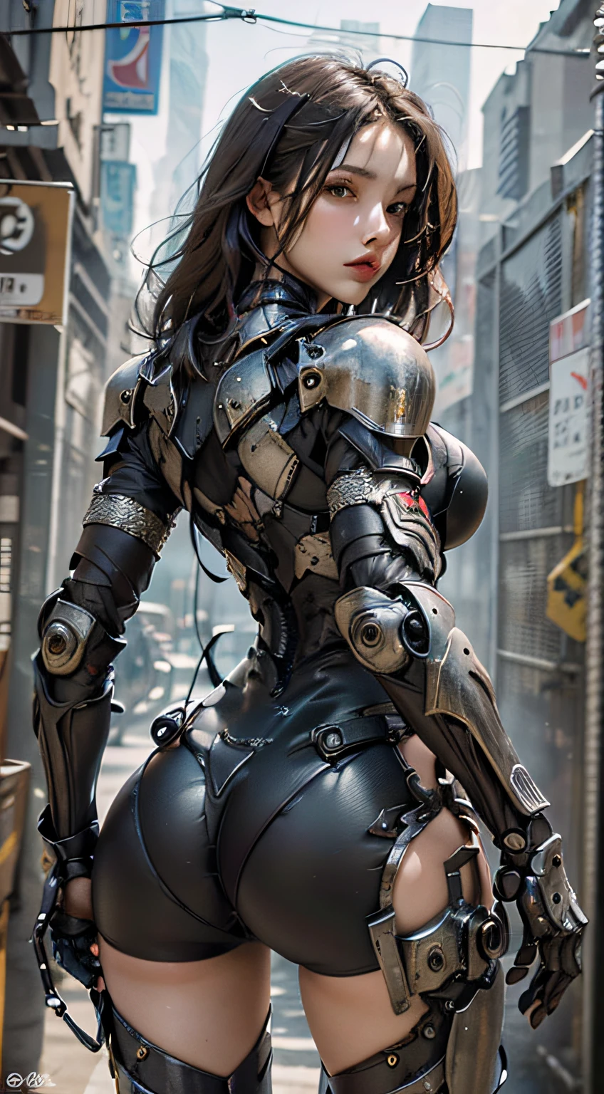 (masutepiece), (Best Quality), Photorealism, Realistic, ultra-detailliert, Perfect face, Perfect body, 1girll, Beautiful Girl, Girl in Black Armor, Mechanical Armor, exoskeleton, to stand, Cool pose, Sexy, Watching from behind,