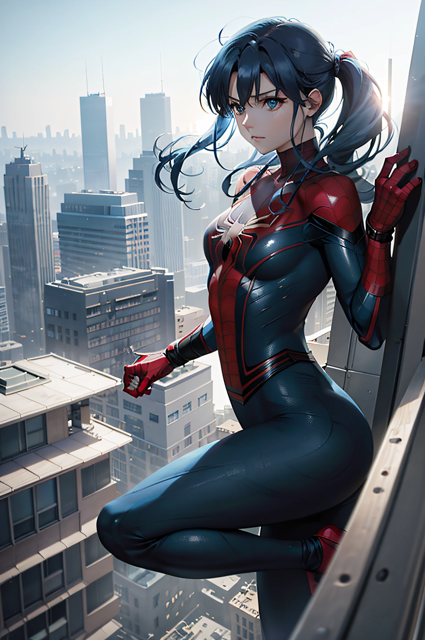 symple background、City view from above、jump、Excellent style, Delicate skin, Beautiful hair, Beautiful blue hair, Beautiful eyes, At the back, Looking here, Red and light blue full-body tights、spider-man、Fall from above、Thrust one hand forward、Best shot from above、Very long hair, Floating hair, Shiny hair, sad, A futuristic, Anime, reflective light, nffsw, masutepiece, Best Quality, hight resolution, surrealism, Backlighting, Cowboy Shot, High quality