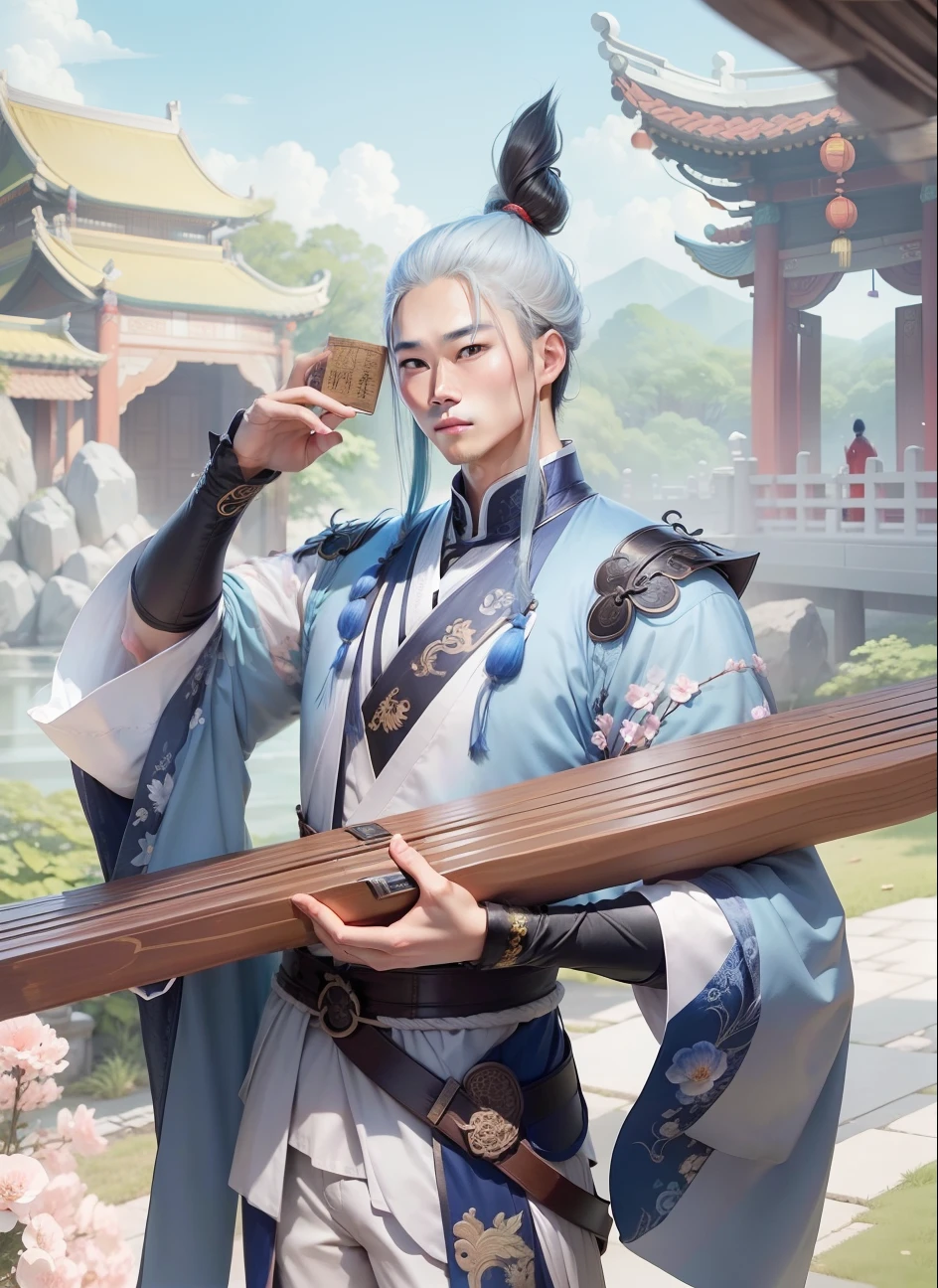 Ji kang, Chinese man, cabelos longos e brancos, olhos azuis, jovens rosto jovial, usa roupas chinesas tradicionais, hanfu, He carries a citara in his hands